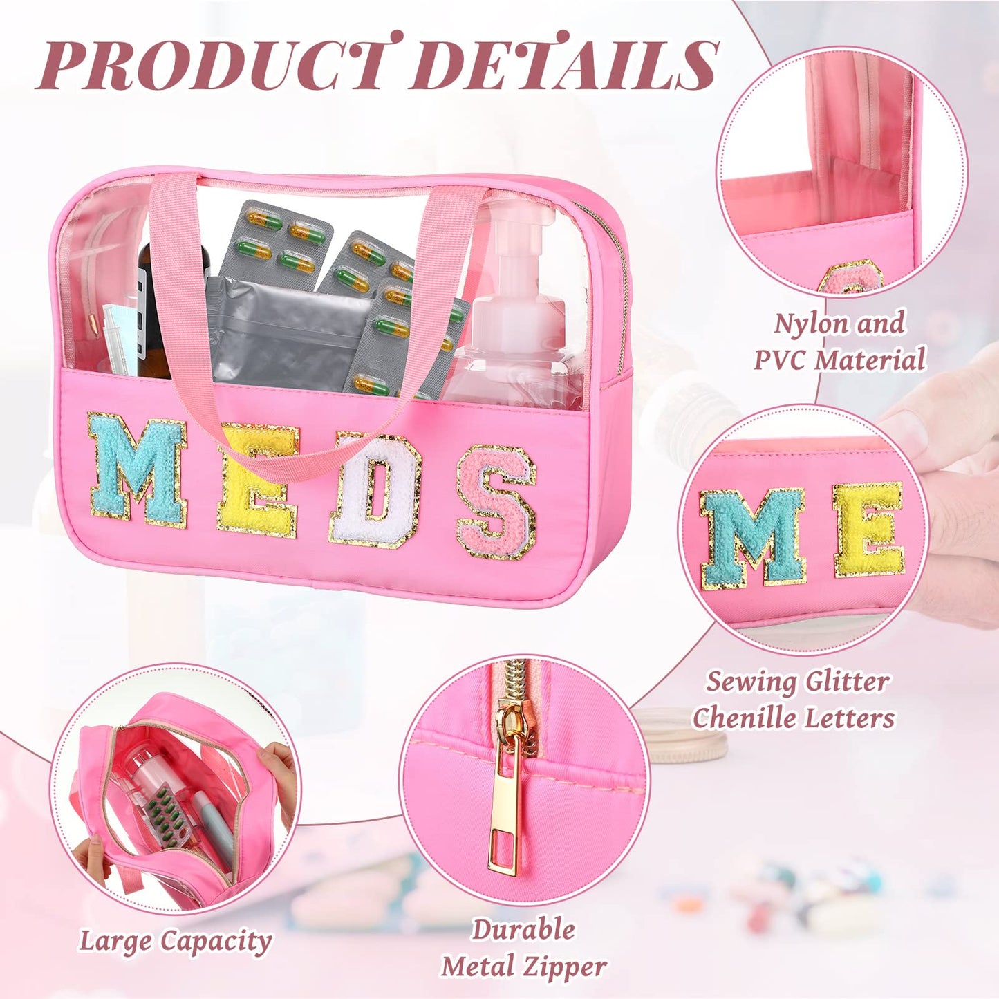 Silkfly Chenille Letter Medicine Meds Medical Bag Makeup First Aid Bag for Travel Preppy PVC Nylon Emergency Patch Cosmetic Toiletry Storage Pouch Waterproof with Handle Zipper for Women(Classic)