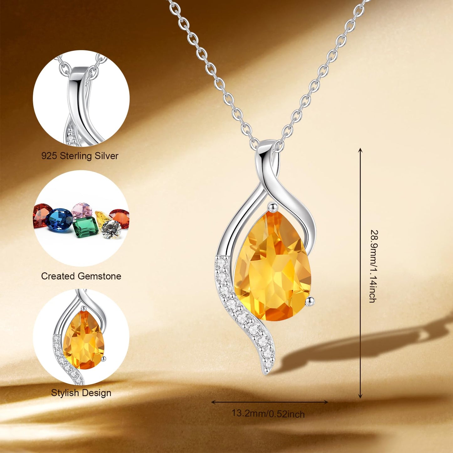 FANCIME November Birthstone Necklace for Women Teardrop Citrine Necklace S925 Sterling Silver Gentle Love Birthday Gifts for Mom Women, 16"+2" Inches