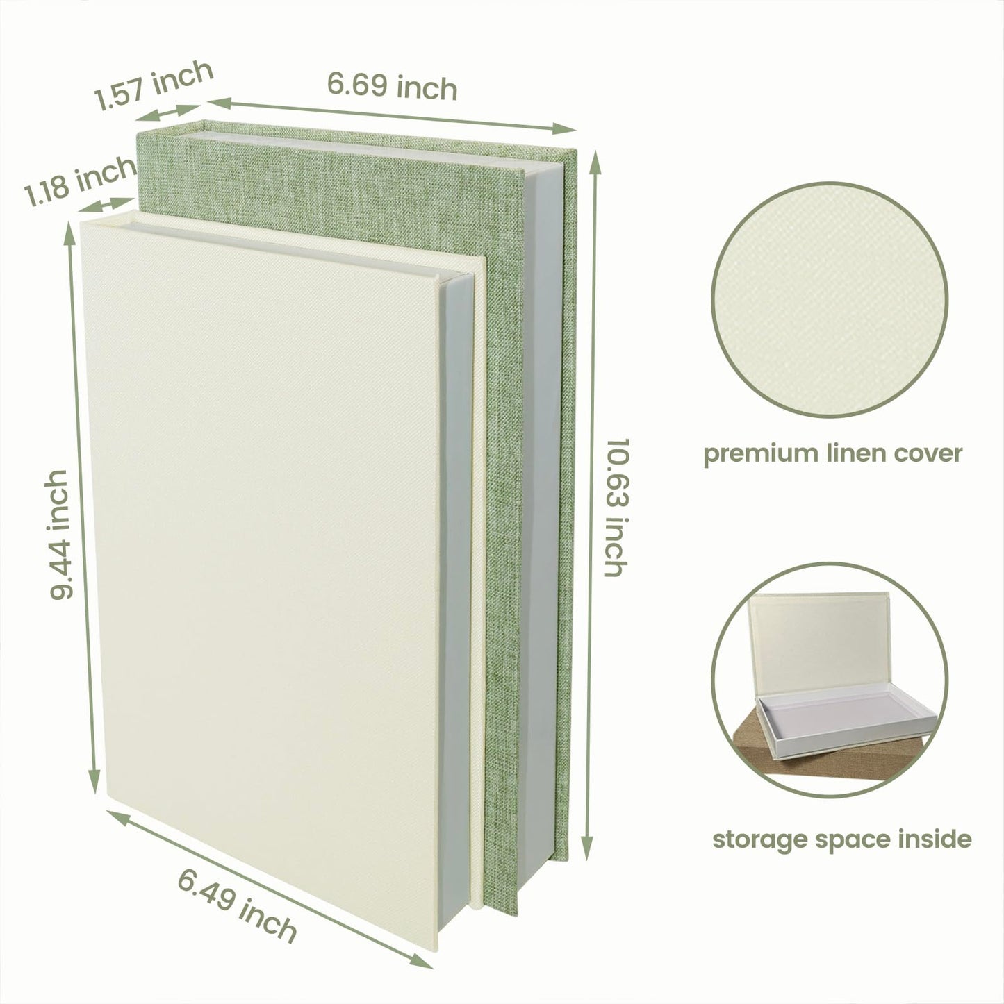 NSdawali Decorative Books Set of 2 Linen Fabric Faux Storage Fake Book Boxes Coffee Table Books Decor Aesthetic for Home Office Entryway Bookshelf Mantel Decoration Photo Storage Box (Sage and White)