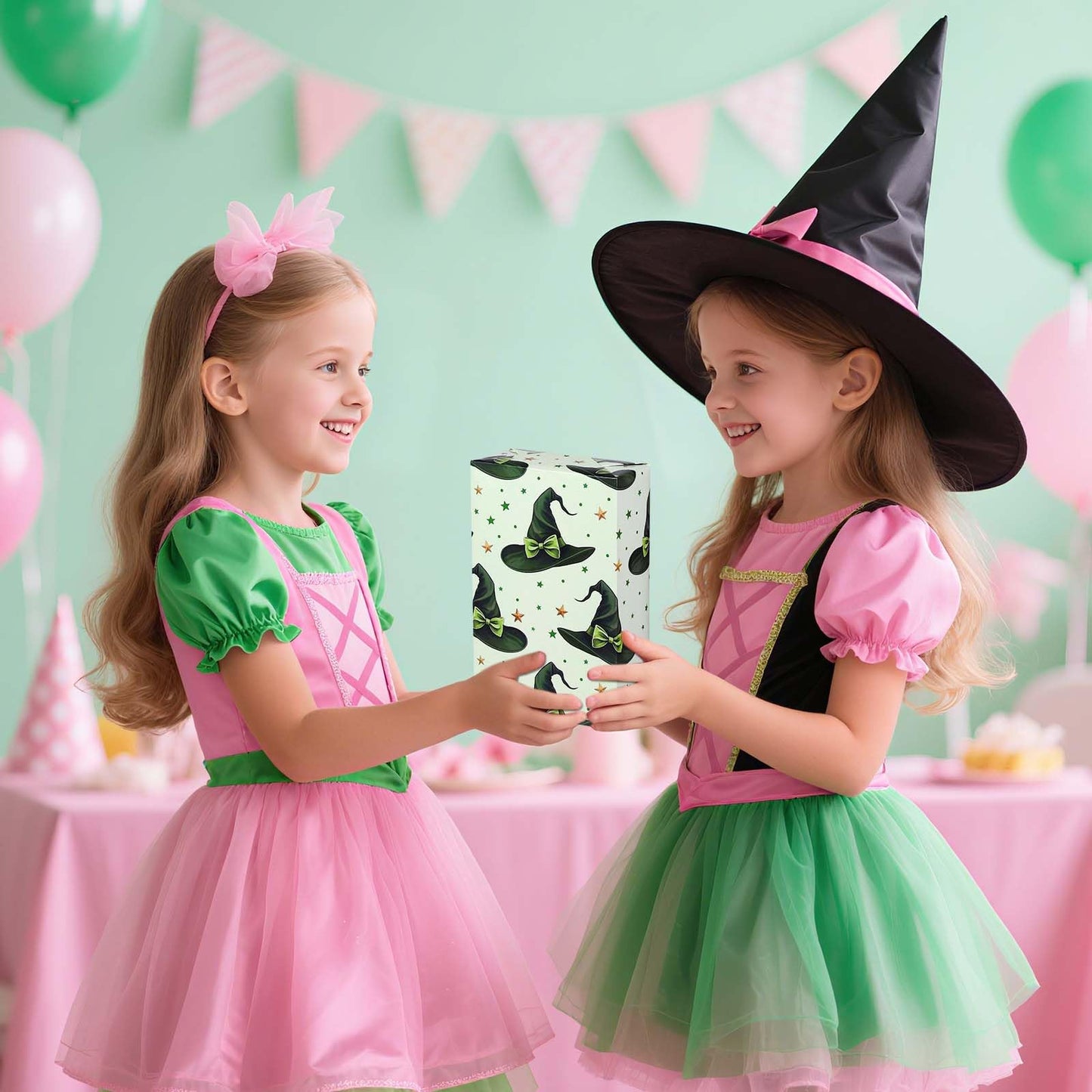 Pineraap 12 Sheets Witch Wrapping Paper, Pink and Green Gift Wrap - Watercolor Bow Crown Witch Hat Broom Print Gift Packing Paper for Girls Women Birthday Princess Themed Party, 19.7 x 27.6 Inch