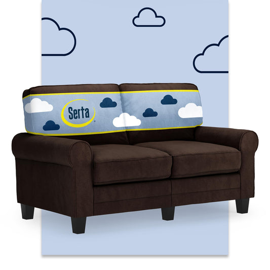 Serta Copenhagen 61" Rolled Arm Sofa, Easy Care Polyester, Soft Pillow Back, Pocket Coil Seat Cushions, Removable Covers, Loveseat or Couch for Small Spaces, Living Rooms or Bedrooms, Brown