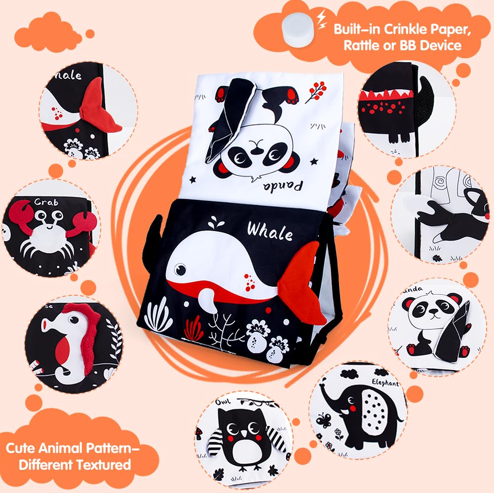 Yohome Black and White Baby Books for Newborn, Tummy Time Mirror, Baby Mirror Infant Toys with Soft Cloth Book, High Contrast Baby Toys, 3D Activity Crinkle Pages Sensory Tummy Time Toys for Babies