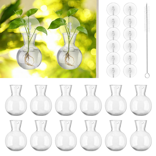 Doodlream 12PCS Wall Hanging Propagation Stations, Glass Planting Vases with Suction Cups and Cleaning Brush, Window Hanging Hydroponic Plant Terrariums for Pothos Ivy Herbs, Indoor Home Garden Decor