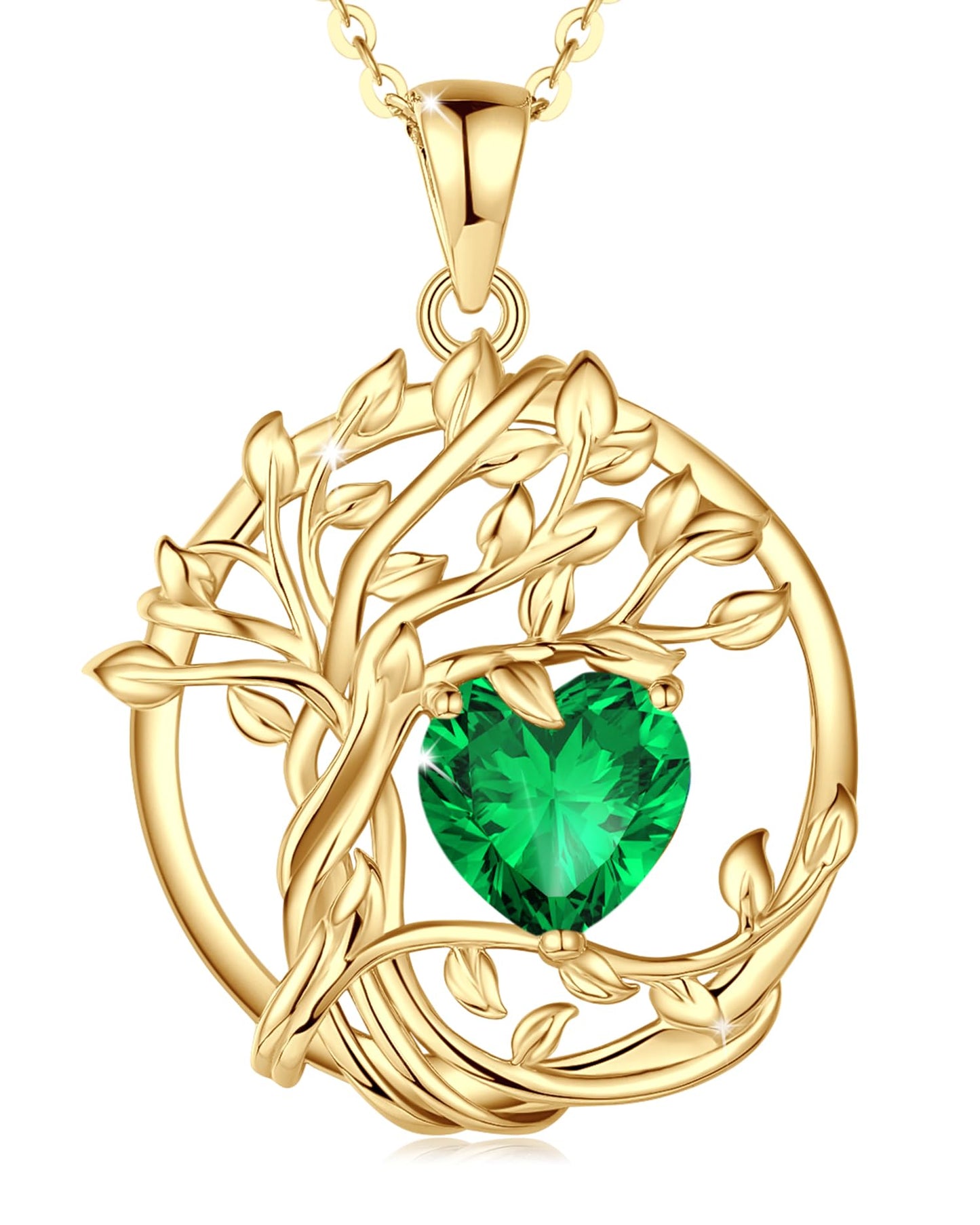 FANCIME Tree of life Birthstone Necklace for Women Sterling Silver Yellow Gold Plated Emerald Pendant May Birthday Green Gemstone Anniversary Mothers Day Gifts for Mom Girlfriend Wife Her