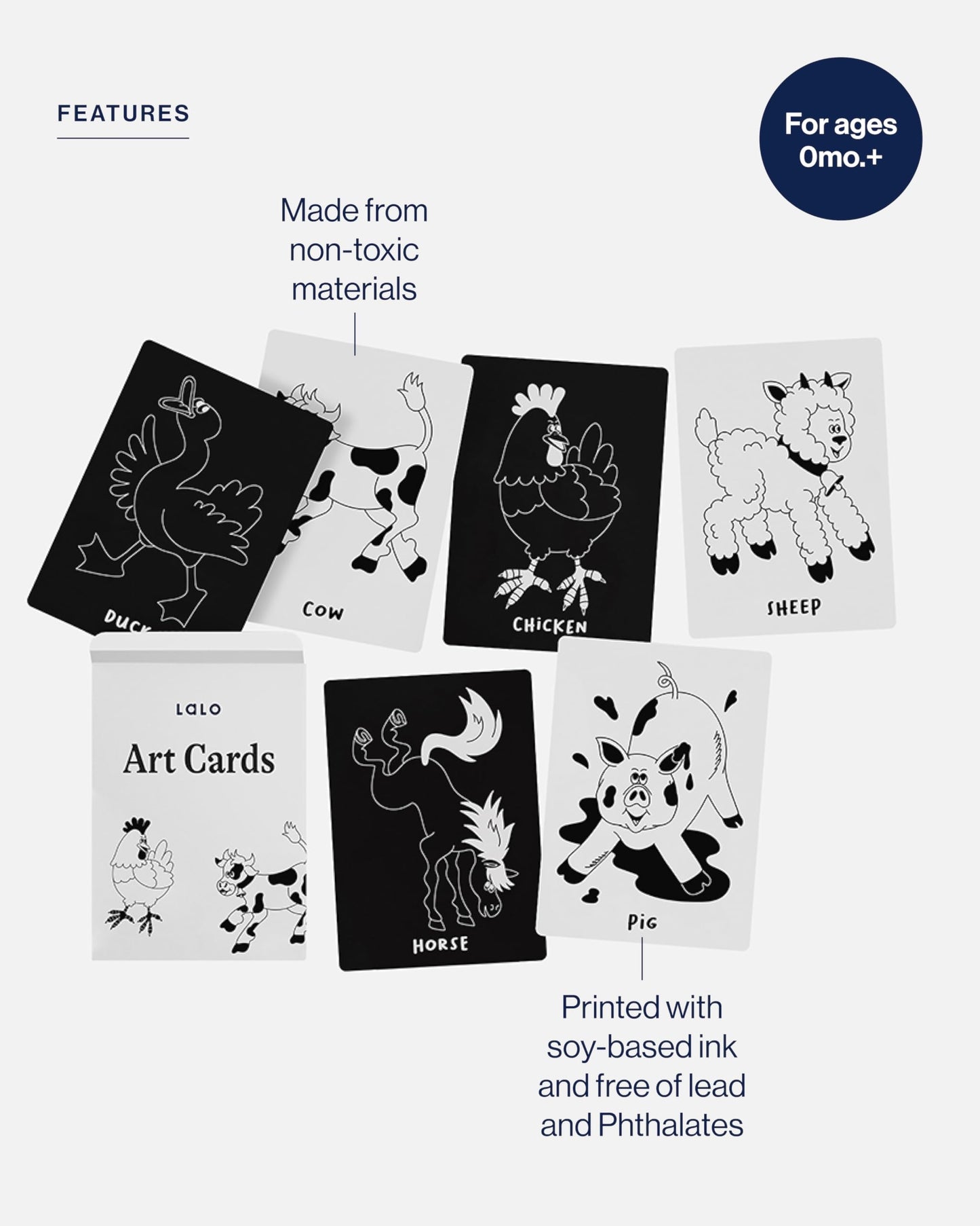 Lalo Art Cards - Set of 6 High Contrast Baby Cards for Infants - Printed with Soy-Based Ink, Lead & Phthalate-Free - Newborn Brain Development Toys - Farm Animals