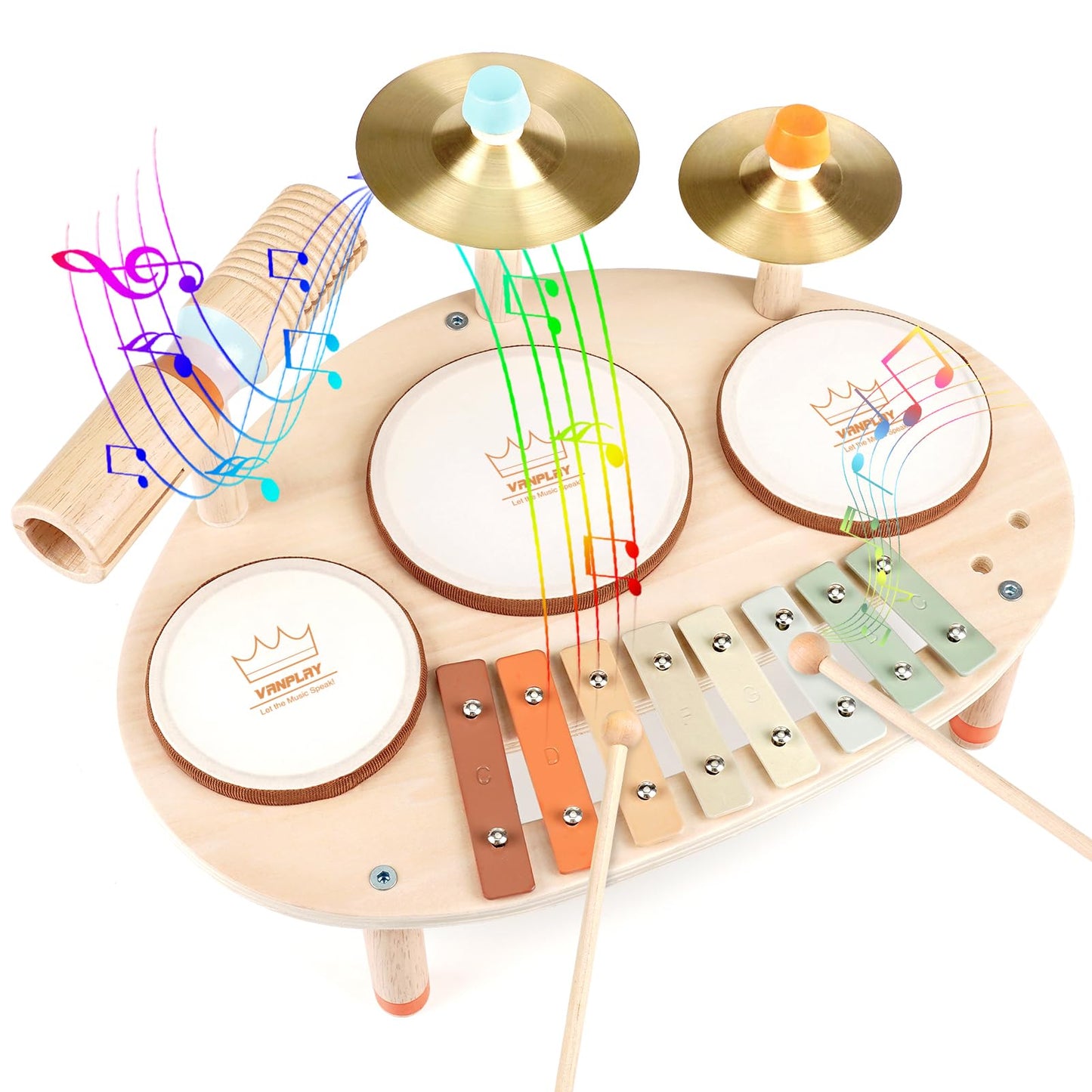 Vanplay Drum Set for Toddler - Toys for 2 3 4 Year Old Girls Boy Gifts - 9 in 1 Wooden Montessori Musical Instruments with Xylophone for Kids 3-5, Christmas Birthday Gifts for Toddlers 2-4