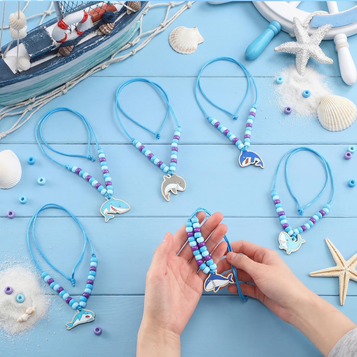 Ecally 24 Sets Shark Bead Necklaces Crafts Ocean Animals Beads for Necklaces Making DIY Summer Shark Charms Pendant for Under the Sea Beach Themed Party Favor Supplies Classroom Activities