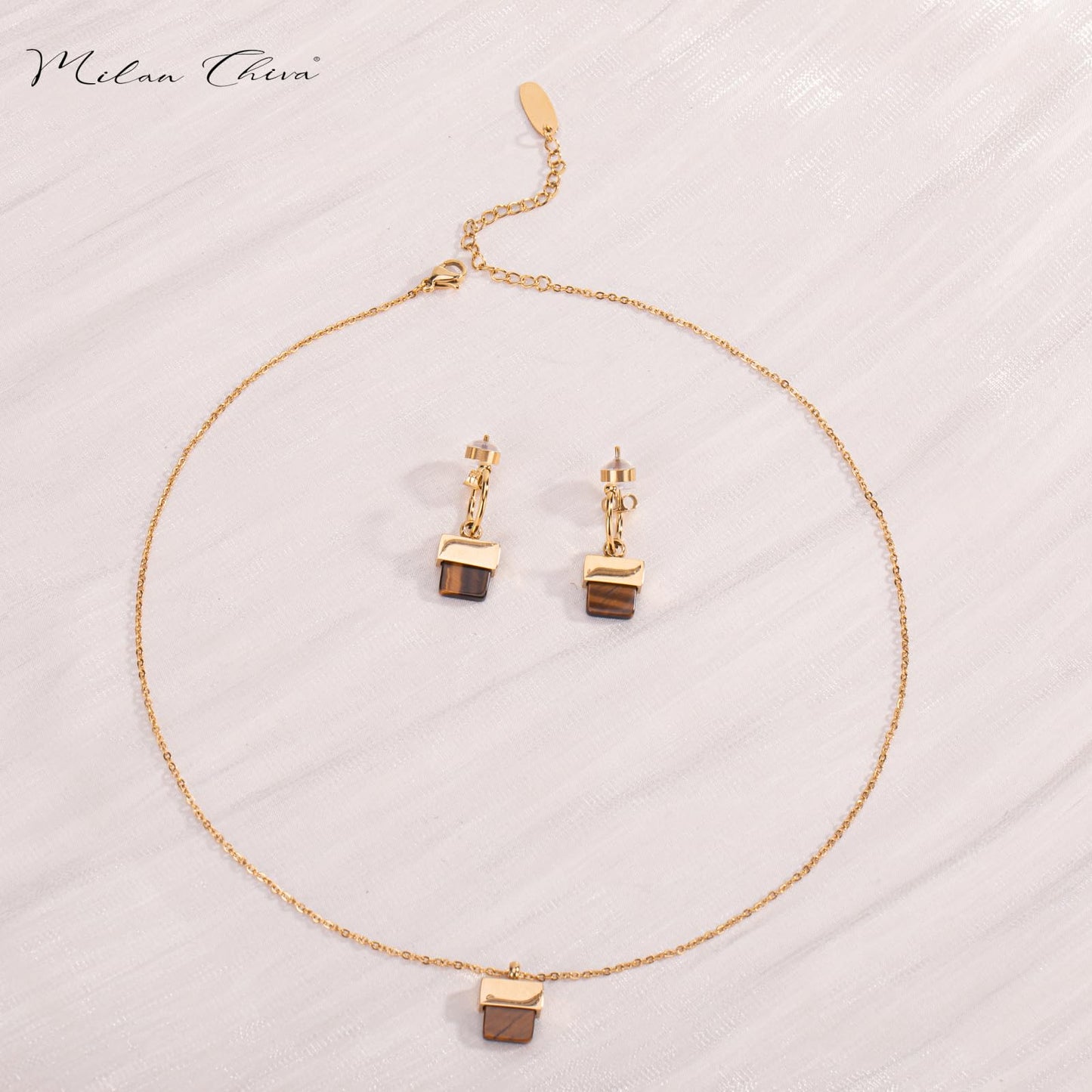 Milan Chiva 14K Gold Plated Brown Tigers Eye Stacked Necklace for Women, Dainty Trendy Non Tarnish Pendant Charm Necklaces Fashion Jewelry for Women Waterproof MNS-1005BR