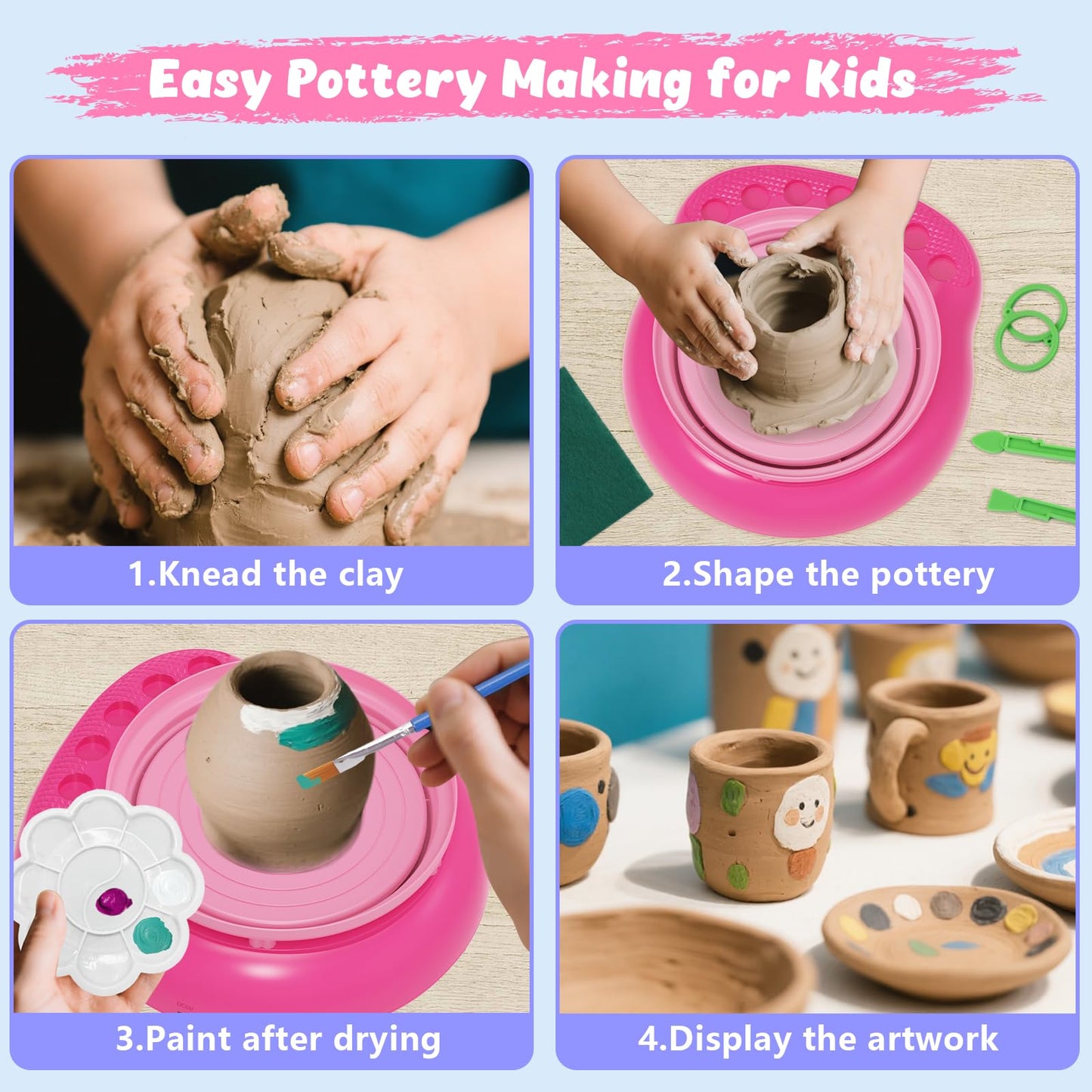 TingingYuli Pottery Wheel for Kids with Clay Kit - Arts and Crafts for Kids Ages 6-8 8-12, Complete Pottery Kit with Air Dry Clay and Painting Tools, Easter Christmas Birthday Gift for Boys Girls