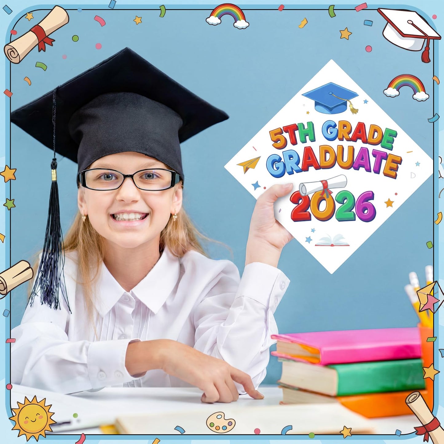 Sabary 24 Pcs 5th Grade Graduation Cap Stickers Kit 2026 Graduation Cap Topper Craft DIY Graduations Hat Decorations Stickers for Kids Classroom Crafts Activities Party Supplies