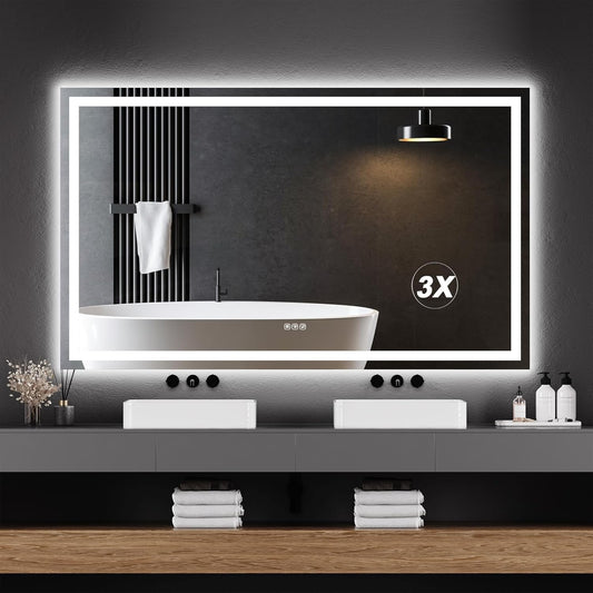PeakPursuit 60x36 LED Bathroom Vanity Mirror with 3X Mirror, Anti-Fog, 3X Mirror, Backlit + Front Lit, Memory Function, Shatterproof Tempered Glass, Smart Wall-Mount Makeup Mirror