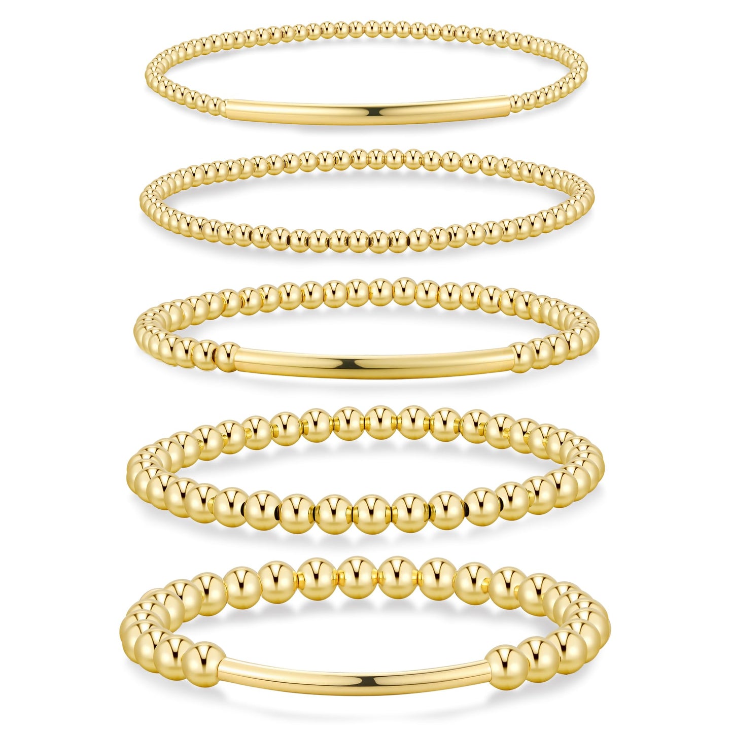 Yoosteel Gold Beaded Bracelets Set for Women - 14k Gold Plated Dainty Round Beaded Strip Bracelet for Women Simplicity Stackable Jewelry Gifts（5 Pcs）
