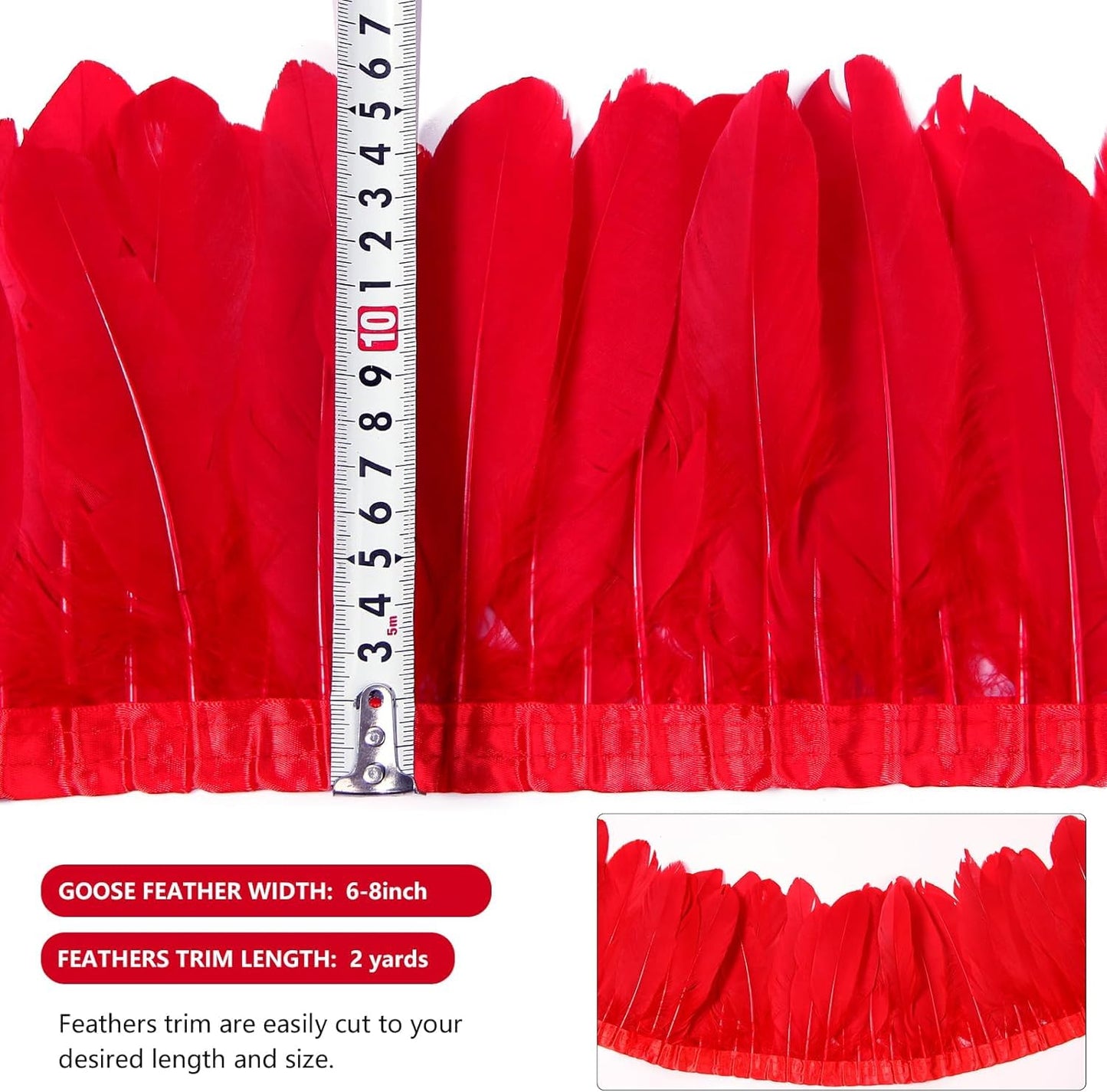 MAOFENG 2 Yards Natural Goose Feathers Trim Sewing Fringe Fashion Dress Sewing 6-8inch for DIY Handicrafts Costumes Decoration,Red
