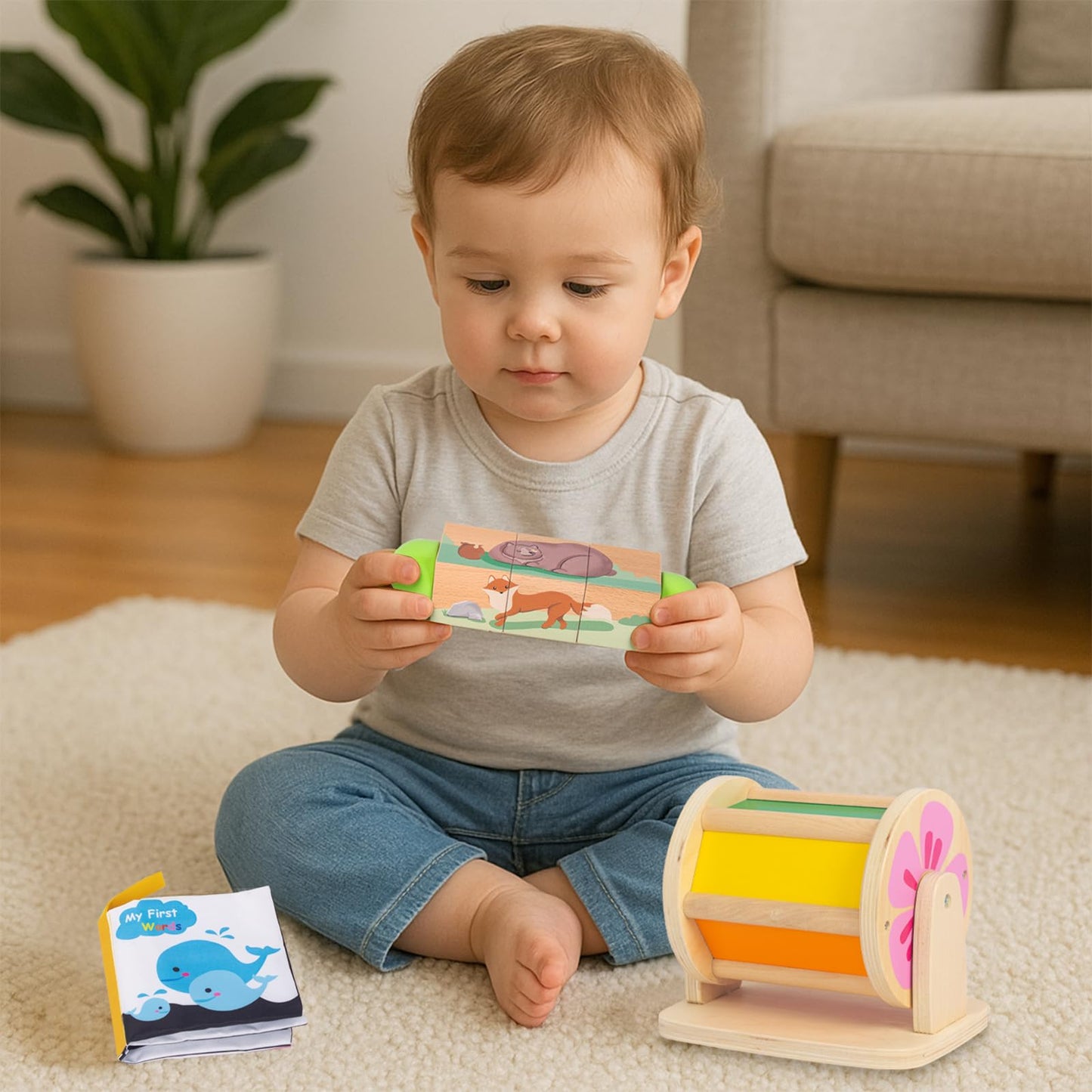 Wooden Baby Toys, 6-in-1 Newborn Learning Educational Sets Includes Mirror Spinning Drum, Rain Stick, Soft Cloth Books, Shape Sorter, Baby Roller - Christmas Birthday Gift for Boys Girls