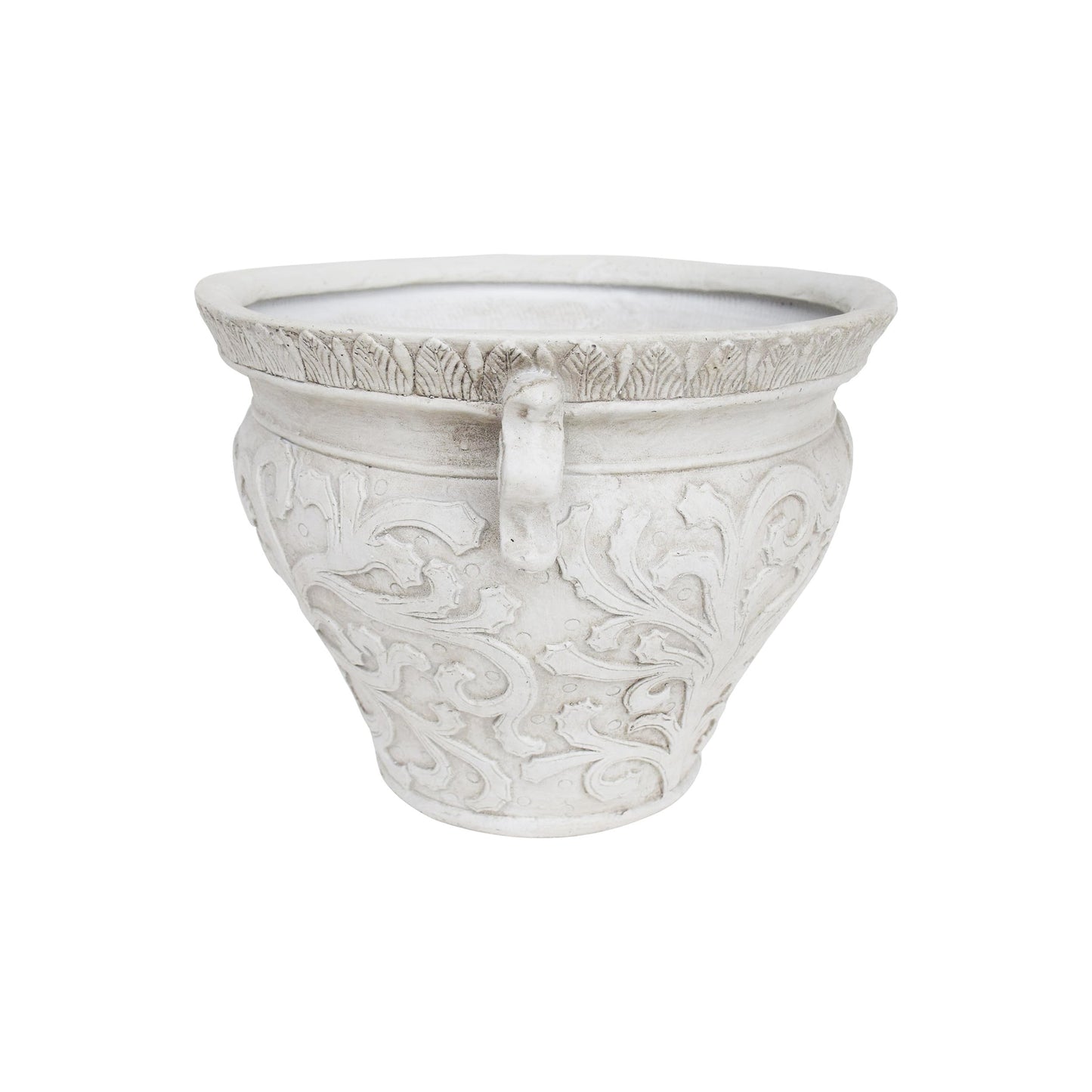 Christopher Knight Home Armis Round Concrete Planter, Indoor Outdoor Garden Plant Pot with Drainage Hole, Floral Relif Patio Urn Planter for Front Porch/Backyard, Outdoor Planter Box, Antique White
