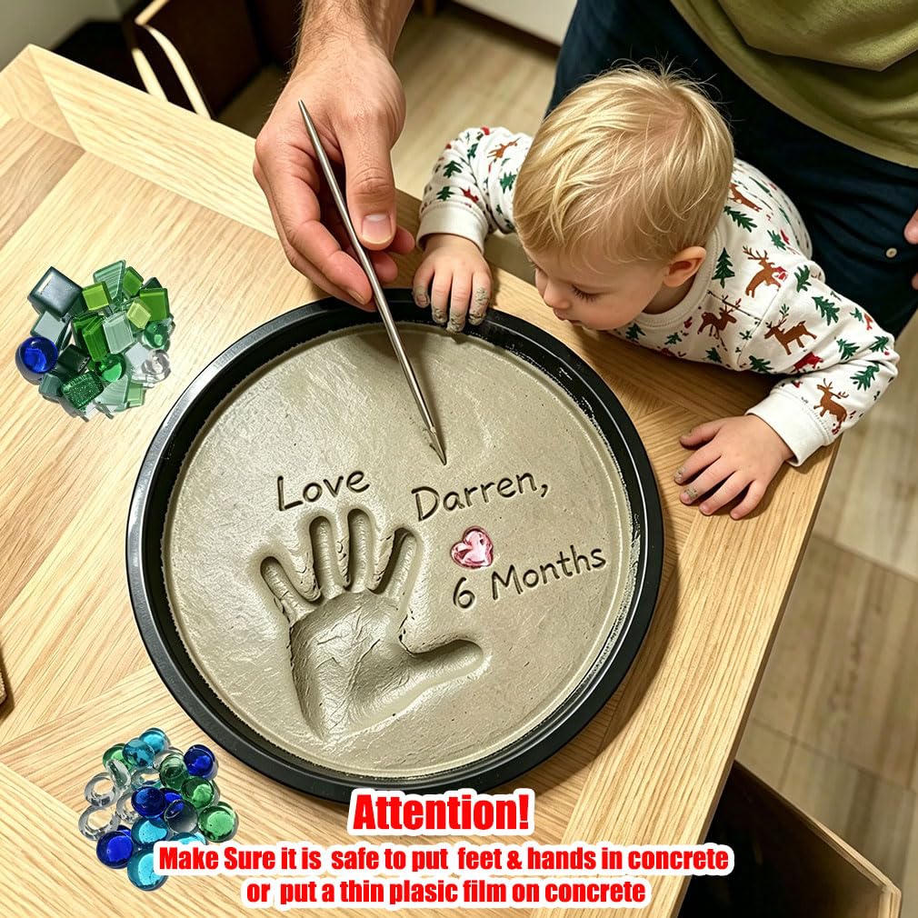 Handprint Stepping Stone DIY Kit - Reusable 11.8 Inch Round Concrete Molds+ Steel Carving Sticks+ Mosaics & Crystal Heart for Hand/Foot Print, Footprint Craft Witness of Special Time/None Cement