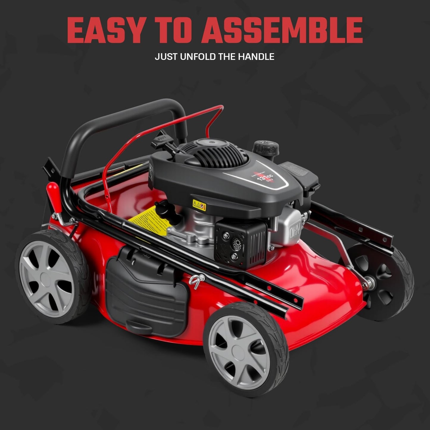131cc Gas Lawn Mower, Self-Propelled Rear-Wheel Drive, 18 Inch Cutting Width, 50L Grass Bag, 3-in-1 Mulching/Side Discharge/Rear-Bagging, Lightweight Push-Button Start Mower for Thick Slopes Red