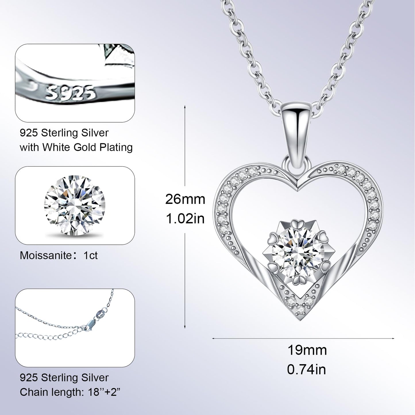 1 Carat Moissanite Necklace 925 Sterling Silver Jewelry 5A Cubic Zirconia Heart Pendant Necklace Gifts for Mom Women Girlfriend Grandma Her Wedding Birthday Anniversary Engagement Valentine's Day