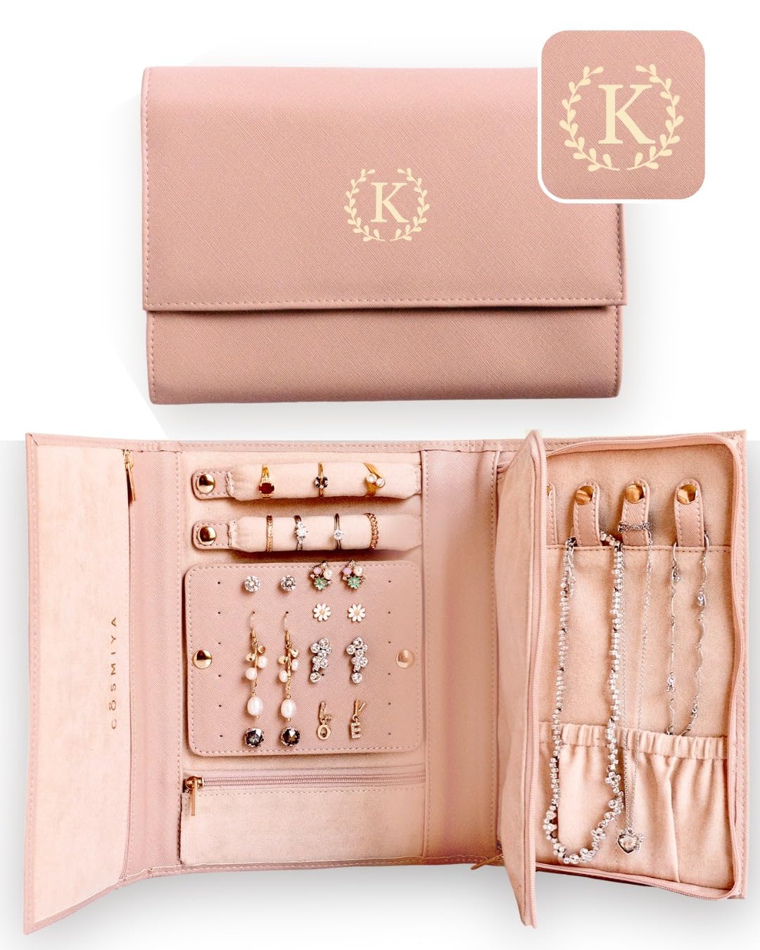 COSMIYA Personalized Initial Travel Jewelry Case - Monogram Custom Gifts For Women, Bridesmaid Gifts, Travel Jewelry Organizer, Customized Travel Jewelry Box, Birthday Gifts For Mom