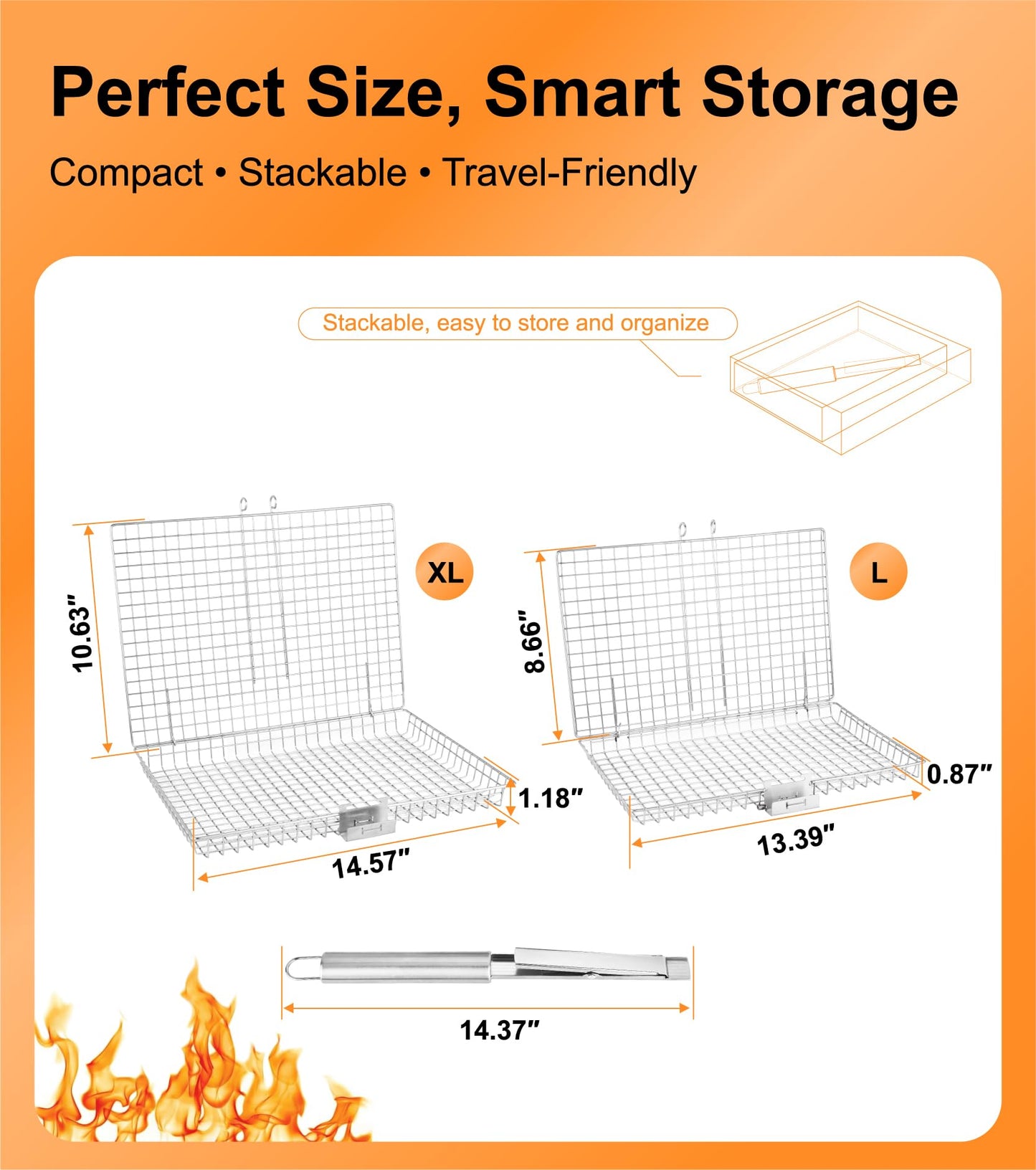 Grill Basket Set for Outdoor Grilling - Large Capacity Fish Grill Basket & Grilling Rack - Food Grade Stainless Steel Portable Flat Basket with Removable Handle for Vegetables, Shrimp & Camping (XL+L)