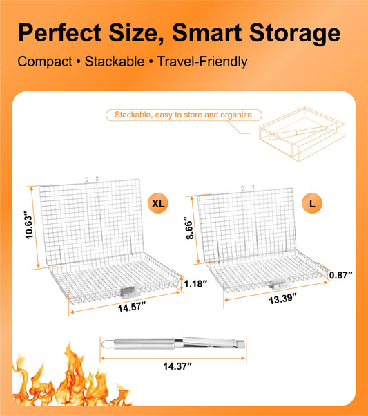 Grill Basket Set for Outdoor Grilling - Large Capacity Fish Grill Basket & Grilling Rack - Food Grade Stainless Steel Portable Flat Basket with Removable Handle for Vegetables, Shrimp & Camping (XL+L)