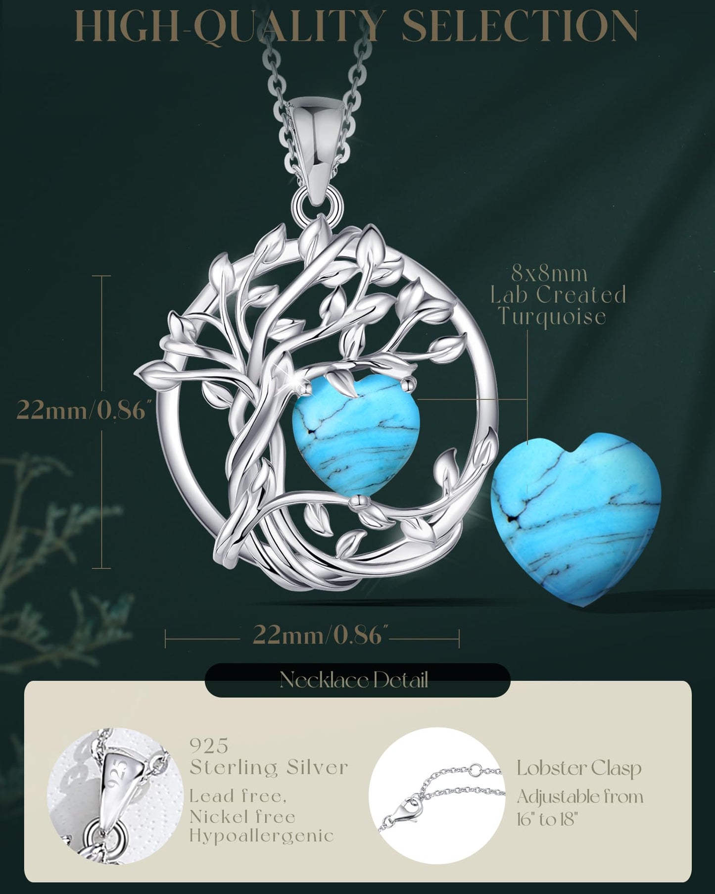 FANCIME Tree of life December Birthstone Necklace for Women Sterling Silver Tree Jewelry Created Turquoise Pendant November Gemstone Anniversary Birthday Christmas Gifts for Wife Mom Her