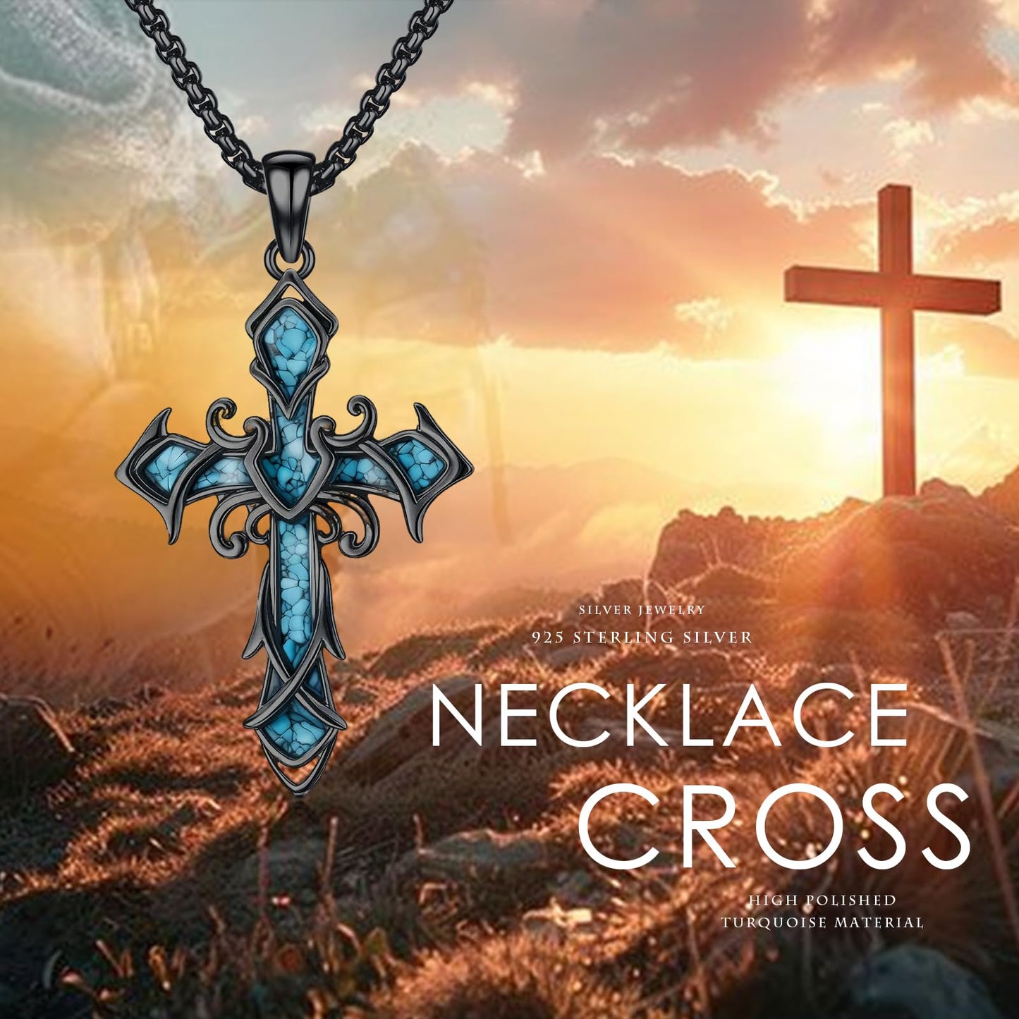 YEESIA Cross Necklace for Men Women, 925 Sterling Silver, Black Cross Pendant Necklace with Turquoise, Christian Jewelry, Gift for Men Women