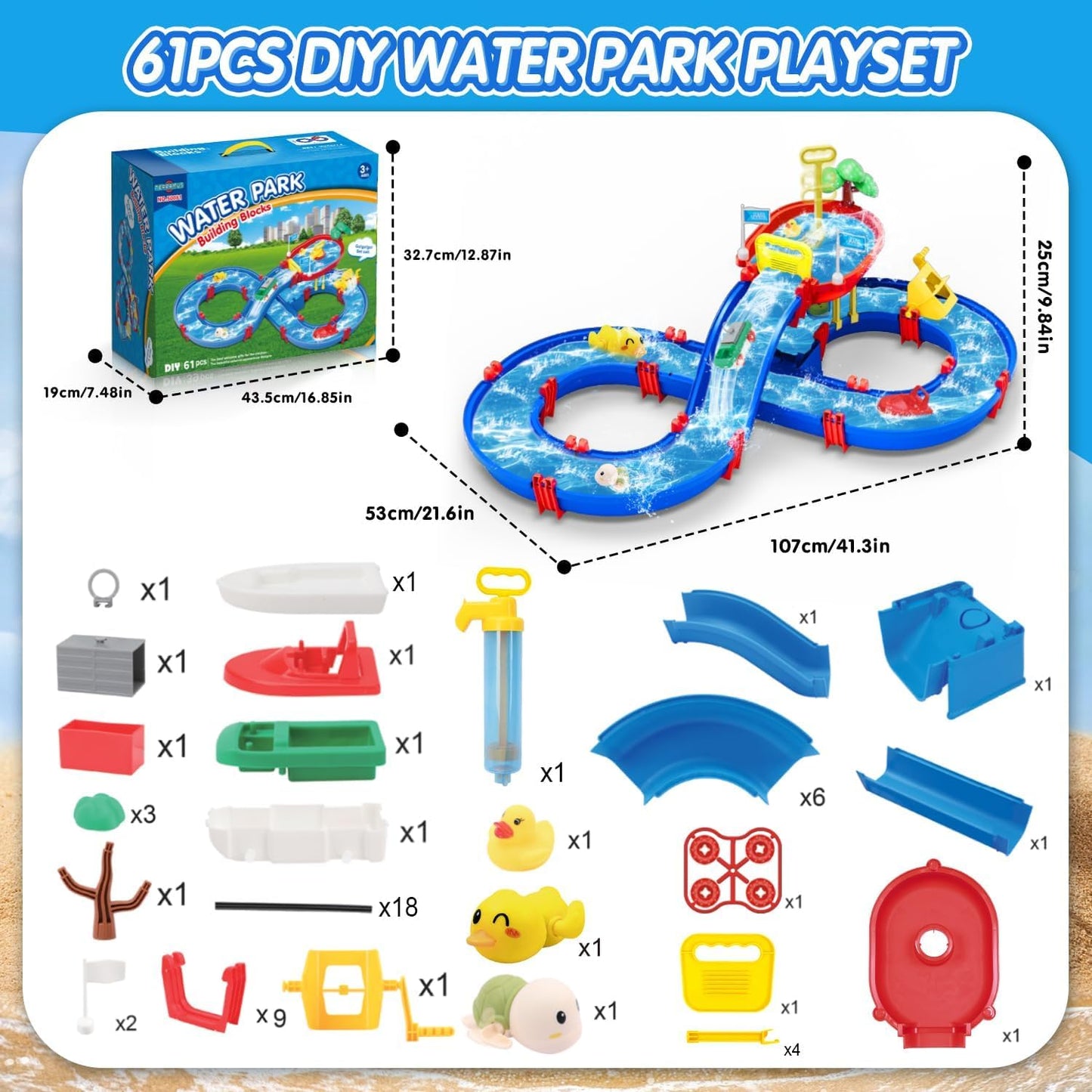 TERRAMUS 2-Tier Water Table Toys for Kids,61PCS Water Park Playset with Pump,Summer Water Toys Waterways for Backyard Beach Pool Lawn,Outdoor Toy for Toddlers 3-5 4-8,Gifts for Boys Girls