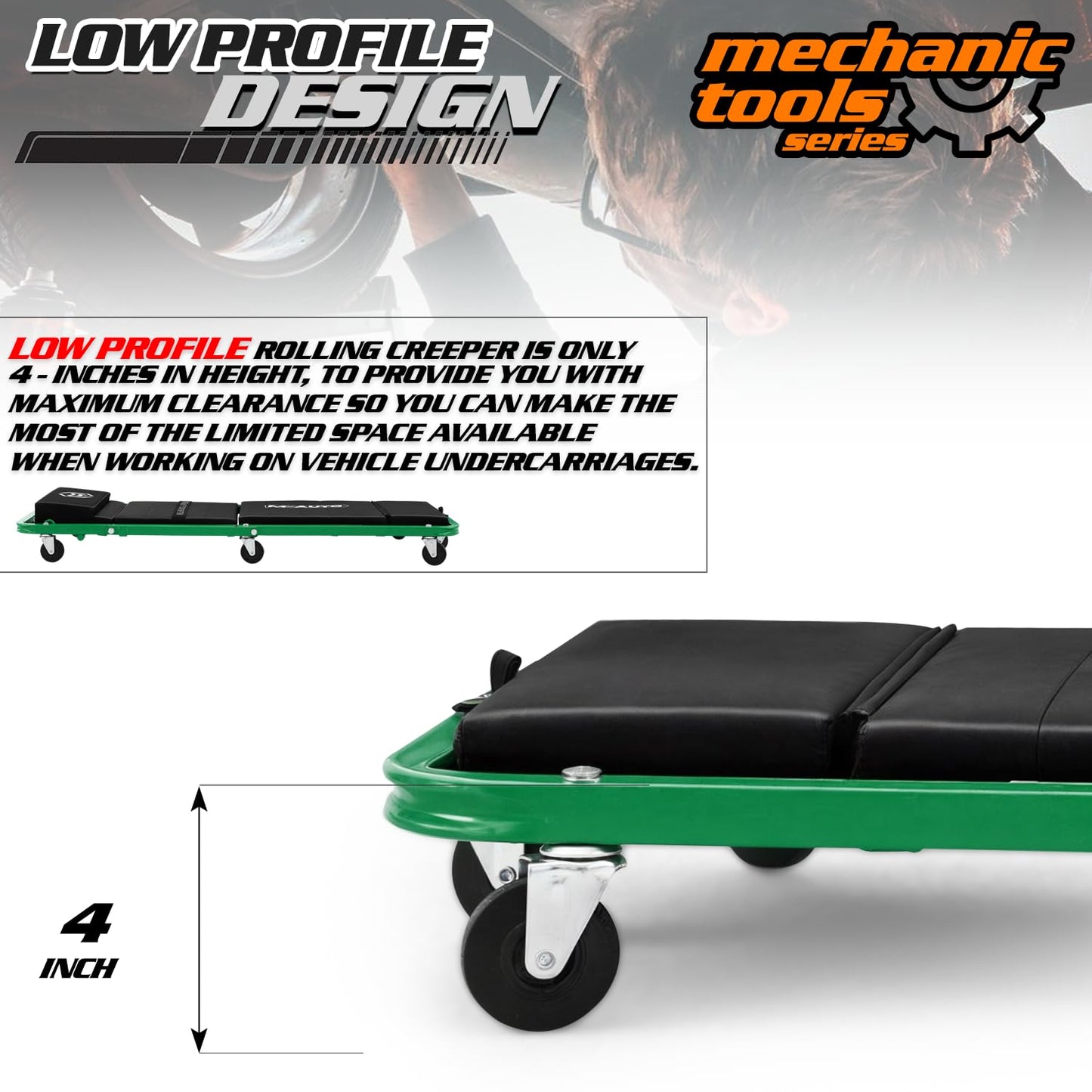 M-AUTO Heavy-Duty Convertible Mechanic Creeper, 48" Padded Adjustable Headrest Roller Garage Chair with 7 Swivel Casters for Washing, Detailing, Maintenance, Green