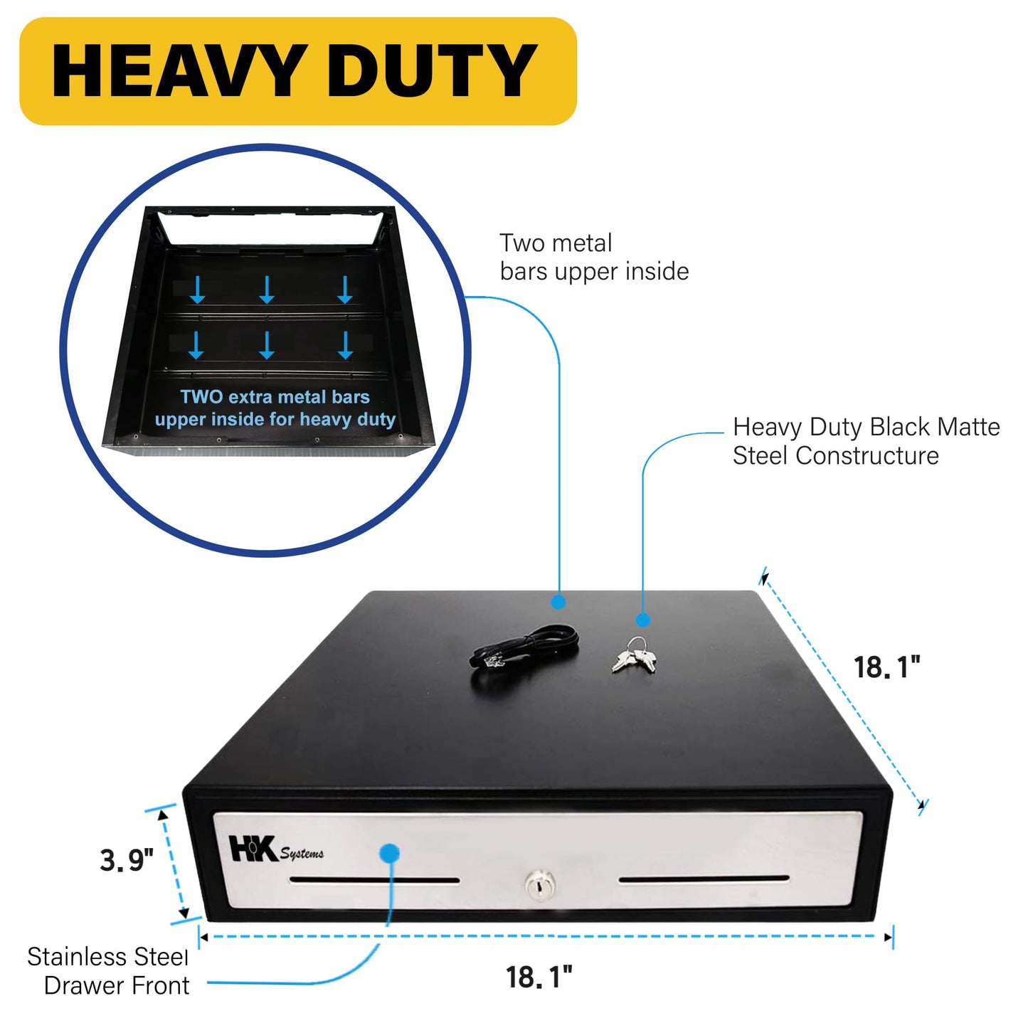 HK SYSTEMS 18inch Heavy Duty Black POS Cash Drawer with 5Bill/8Coin "Stainless Steel" Front, Ball Bearing Slides