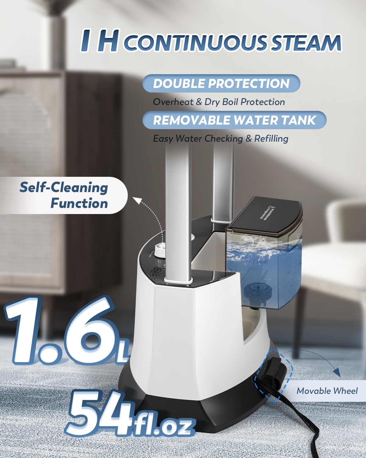 Hapyvergo Standing Garment Steamer, 1500W Upgraded Steamer for Clothes Rapid Heats in 25s for 1 Hour Steam, 1.6L Water Tank, Self-Cleaning, Dual-Protection Tech, Ironing Board, Hanger, Gloves