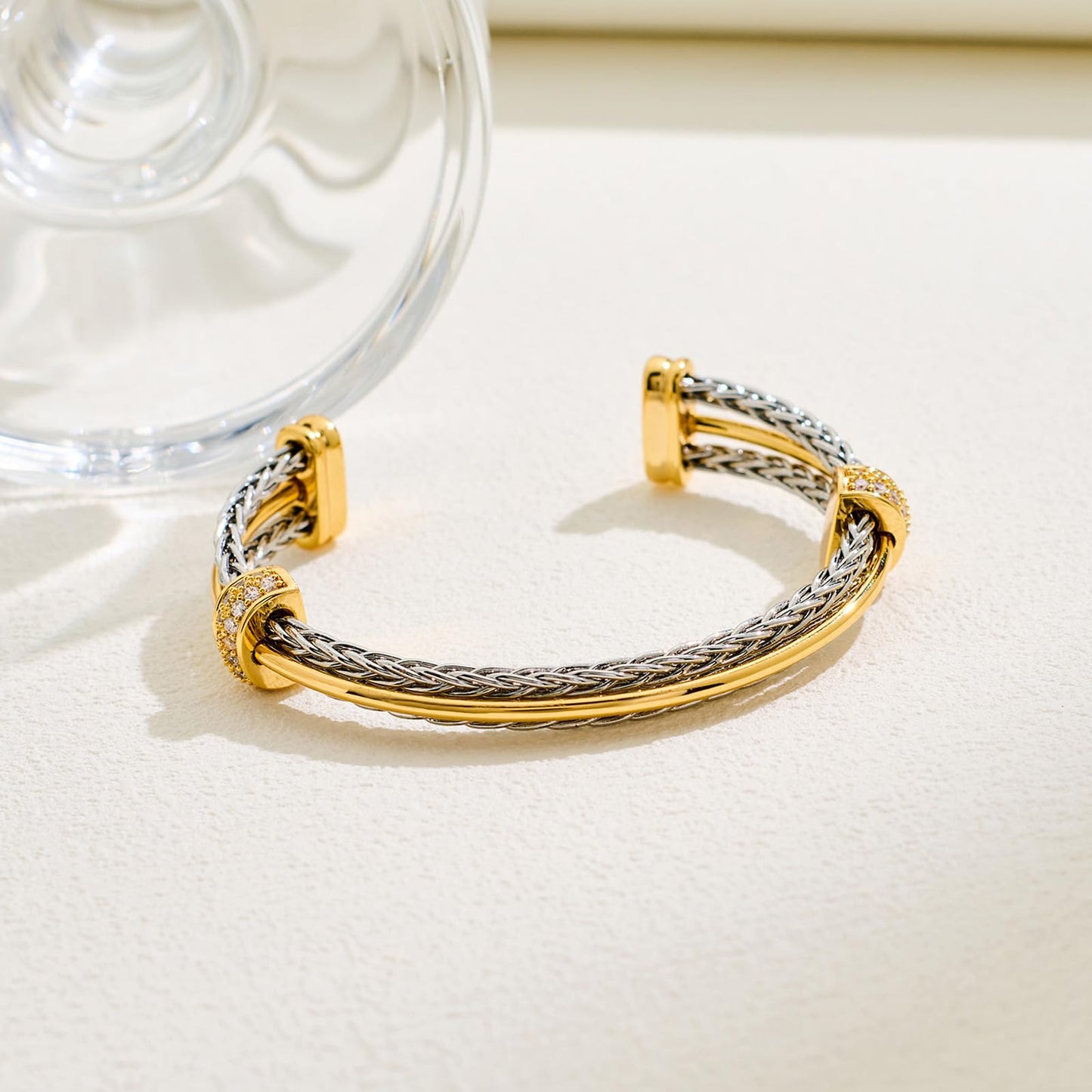 LILIE&WHITE Gold And Silver Bracelets For Women With Braided Design Trendy Cuff Bracelets Two Tone Bracelet With Cubic Zircon Fashion Boho Mixed Metal Bracelet Open Adjustable Bangle Jewelry Gift