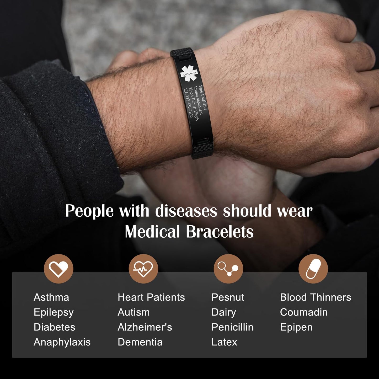 Bijouweled Medical Alert Bracelet for Women Men 7.5 to 9.8 Inches Emergency ID Bracelets Free Engraving Personalized Medic Alert Bracelet for Adult (Black 7.3inch stretchable)