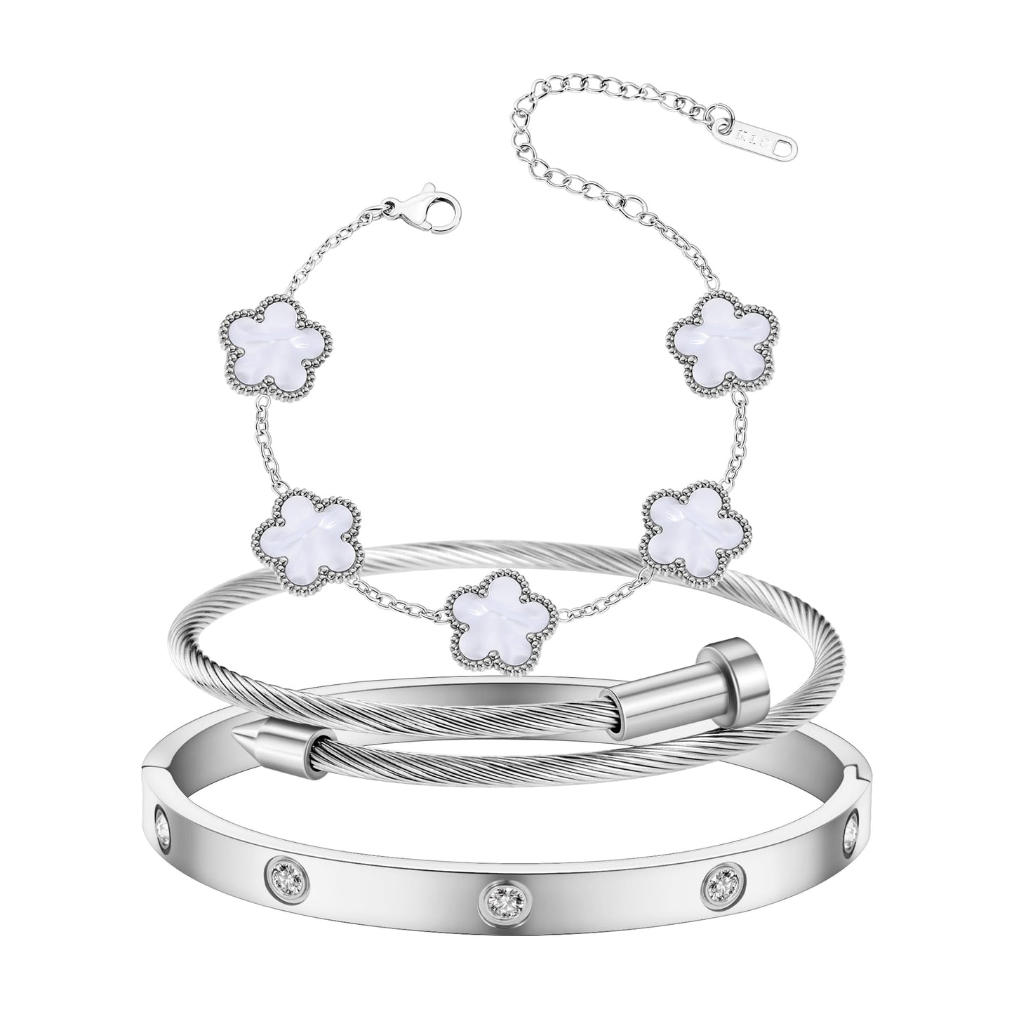 Jade cabbage Gold Bracelets for Women 18K Gold Plated Love Friendship Bracelet With Cubic Zirconia Cuff Bangle Jewelry Set Witness the Gift of Love (Silver 3pcs-A Medium 6.5")