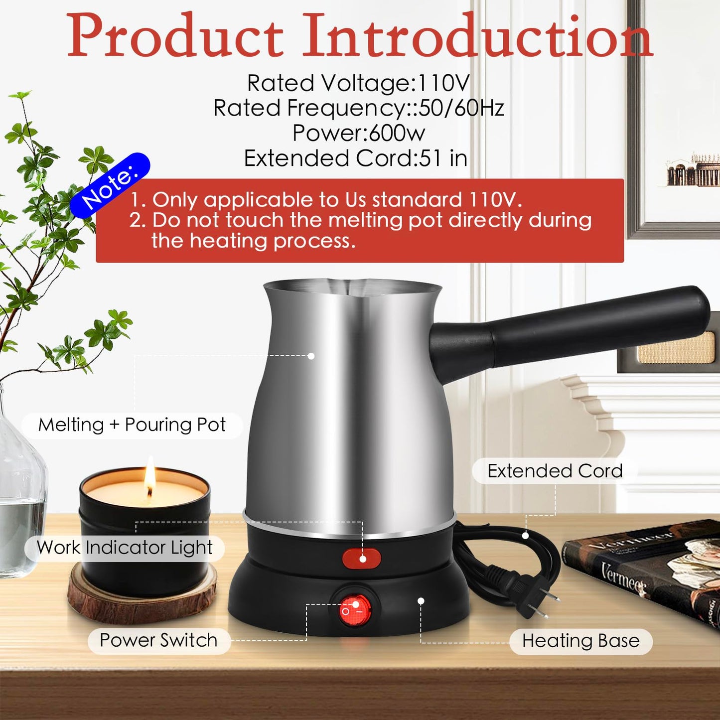 TOKPELA Wax Melter for Candle Making, Stainless Steel Electric Candle Wax Melter, Double Pouring Spout Candle Wax Melting Pot with 51IN Cord and Hot Plate, Candle Making Pot Kit for Beginners