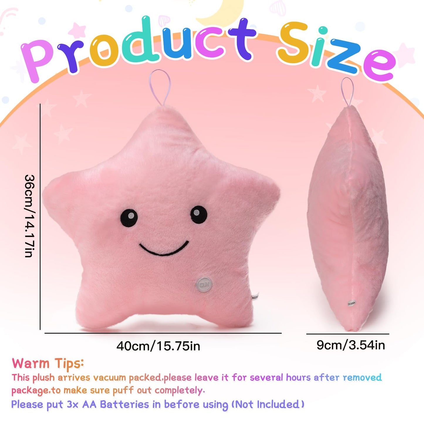 Subao Sensory Toys for Kids with Autism,14" Light Up Star Soft Plush Toddler Pillow,Autism Sensory Products,Stress Relief Kids ADHD Toys,Birthday Xmas Easter Gifts for Girls 3 4 5 6 7 8 9 10 Pink