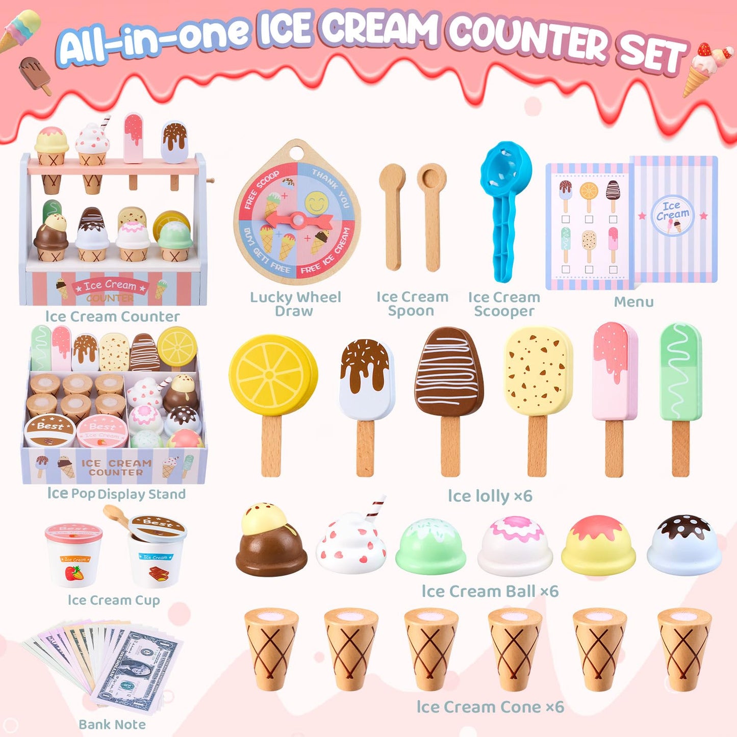 Ehome Wooden Ice Cream Toys Set Pretend Play Food Store for Kids Serve Ice Cream Counter Shop Kitchen Playset with Lucky Wheel, Scoop, Menu, Fake Money for Boys and Girls Ages 3 4 5 6 Birthday Gift