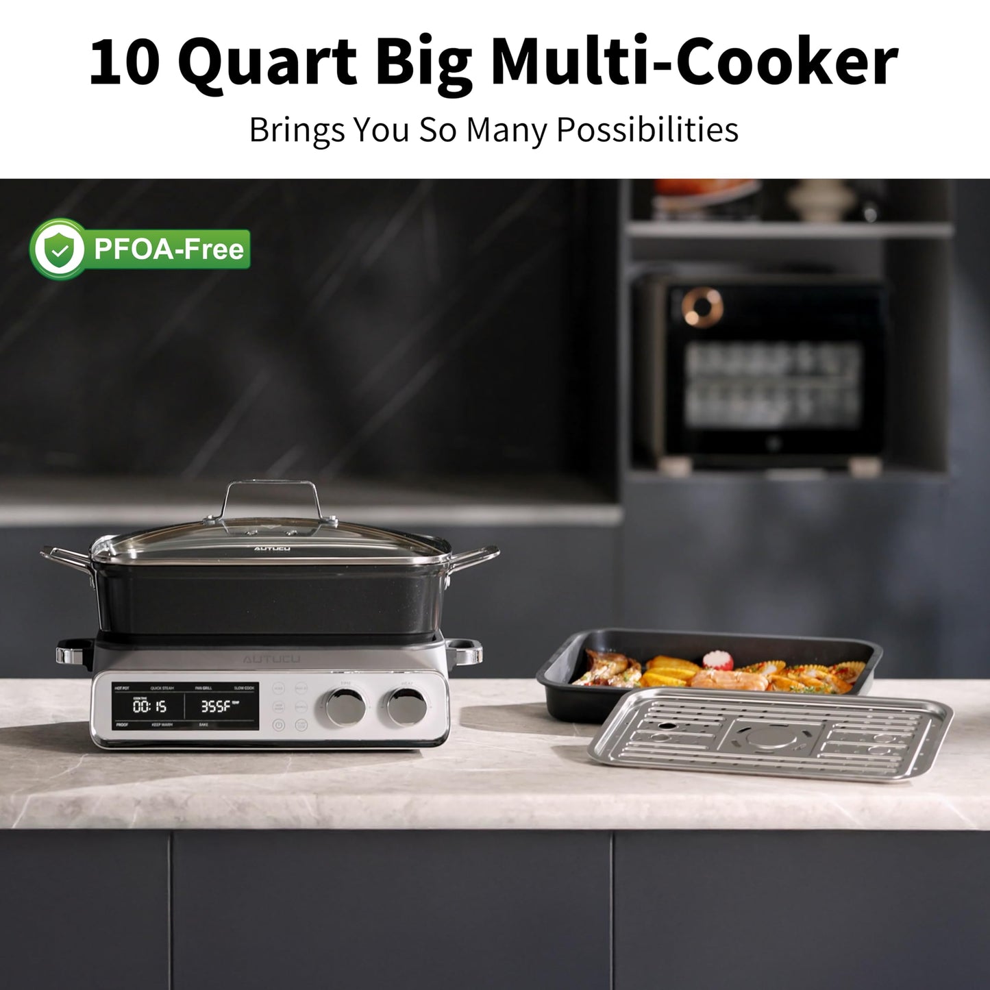 N21NA Pro Slow Cooker 10 Quart, 8-in-1 Programmable PFOA-Free Ceramic Coated Multi-Cooker with Grill Pan, Steaming Plate (Includes Silicone Spoon & Tongs)