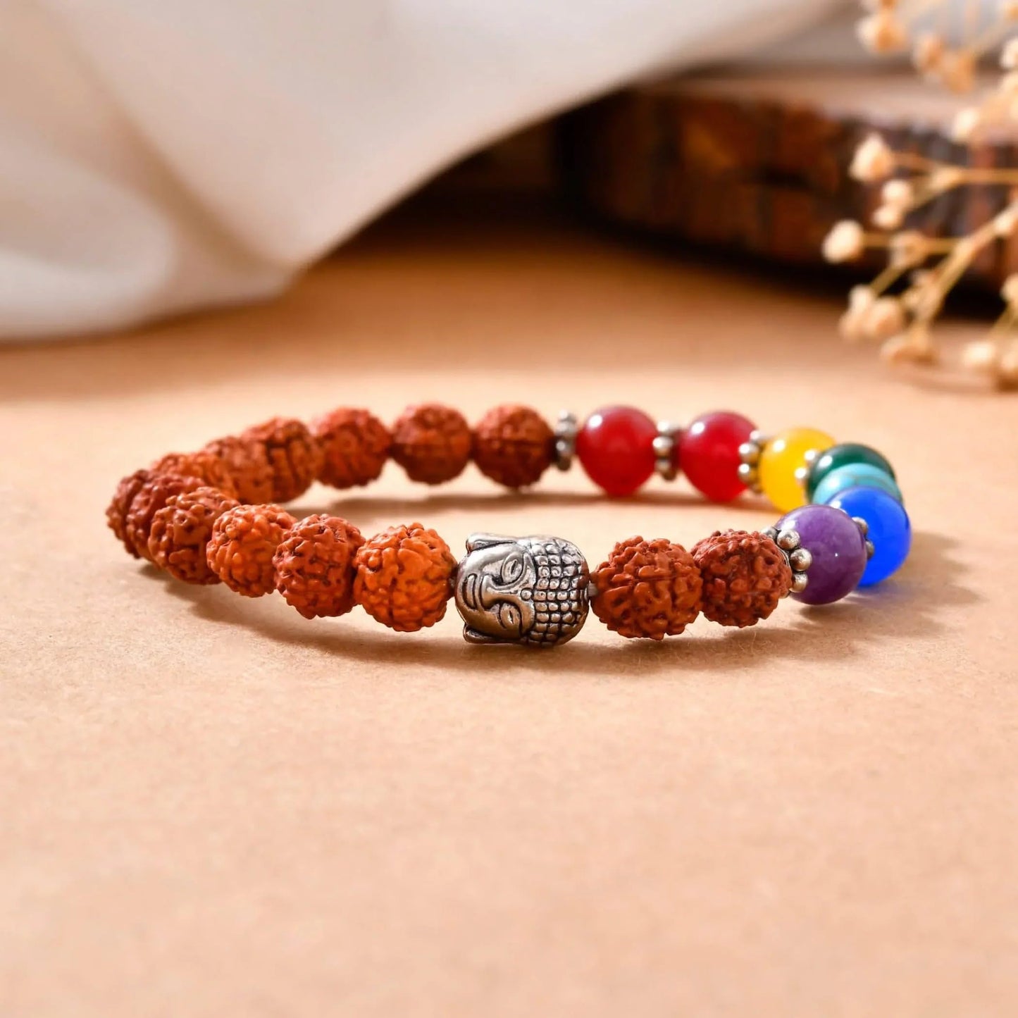 LOVENSPIRE 7 Chakra Rudraksha Bracelet with Buddha Head Natural Crystal Healing Stone Beaded Stretch Bracelet for Yoga Meditation Prayer Jewelry Gift for Men Women