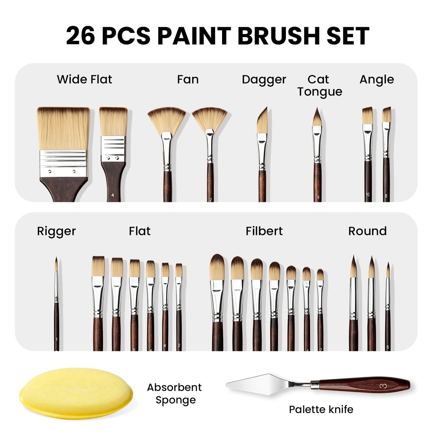 Drawnby 26pcs Paint Brush Set, Professional Paintbrushes with Palette Knife & Self-Standing Case, Nylon Paint Brushes for Acrylic Paint, Oil, Watercolor, Art Supplies for Artists Beginners