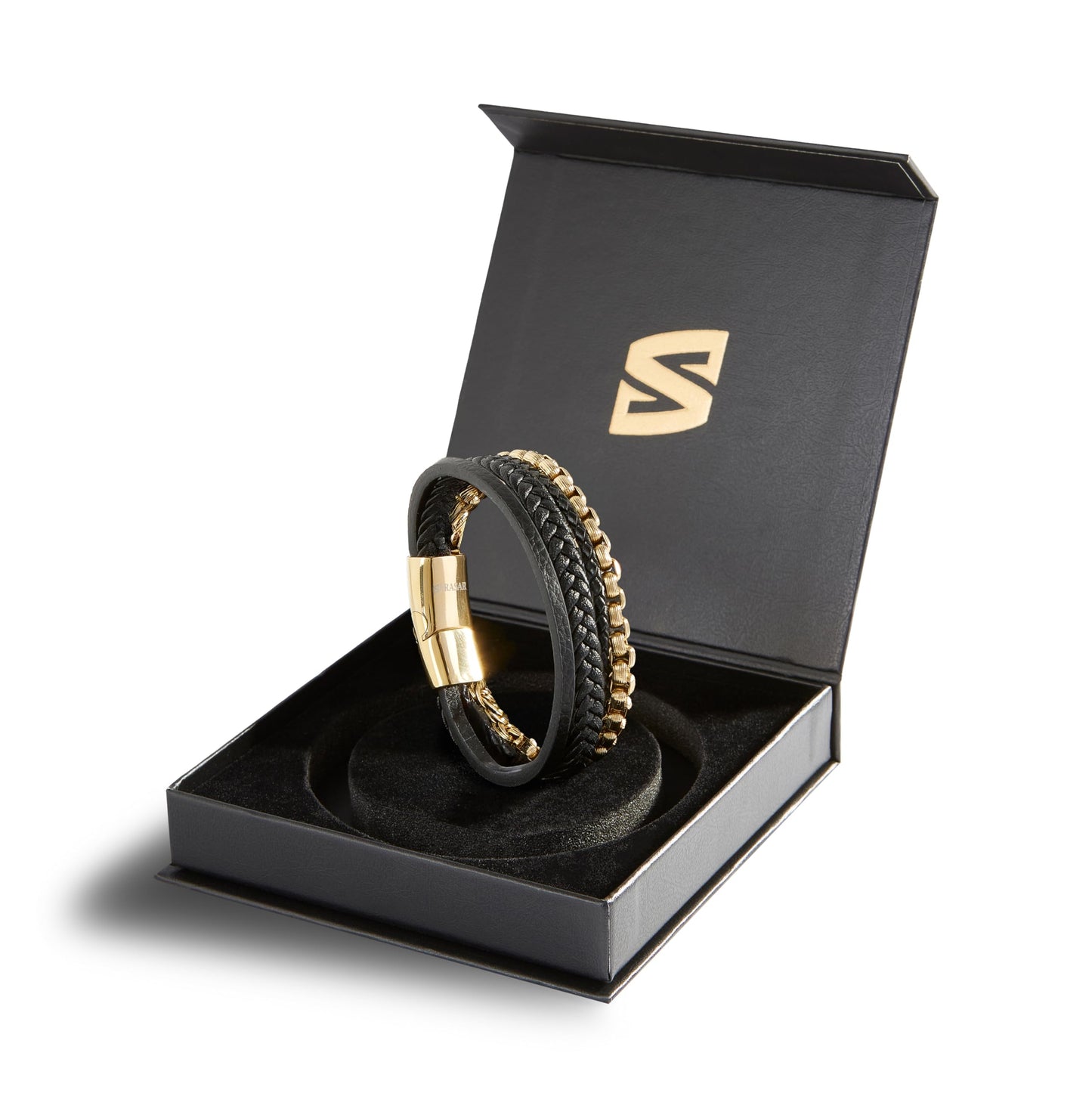 SERASAR Pulseras para hombre Caja de regalo oro 23cm Piel vacuno trenzada cuero genuino Cierre magnético ajustable joyería múltiples capas Hombres