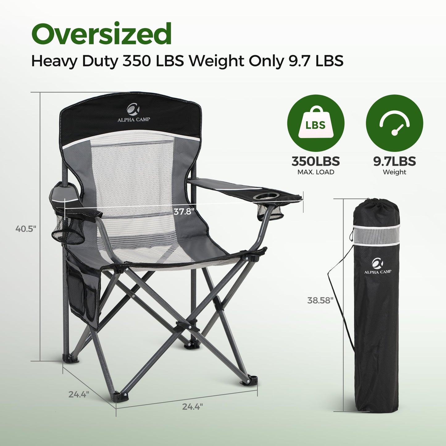 ALPHA CAMP 2PC Oversized Mesh Back Camping Folding Chair Heavy Duty Support 350 LBS Collapsible Steel Frame Quad Chair Padded Arm Chair with Cup Holder Portable for Outdoor (Black-2PC)