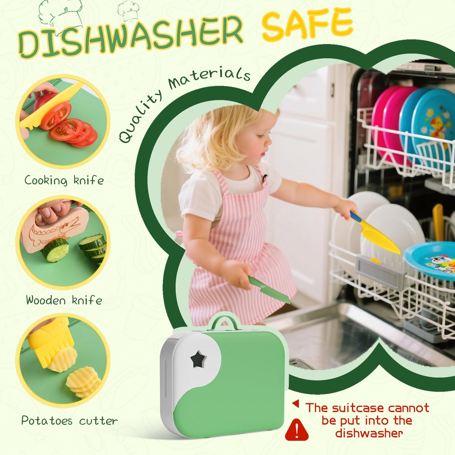Lullulii Montessori Kitchen Tools for Toddlers,Kids Knife for Real Cooking,Toddlers Knife Set with Storage Box Kids Safe Knives Children Cutting Set for Girl Boy,Montessori Toys for Kitchen Set -Green