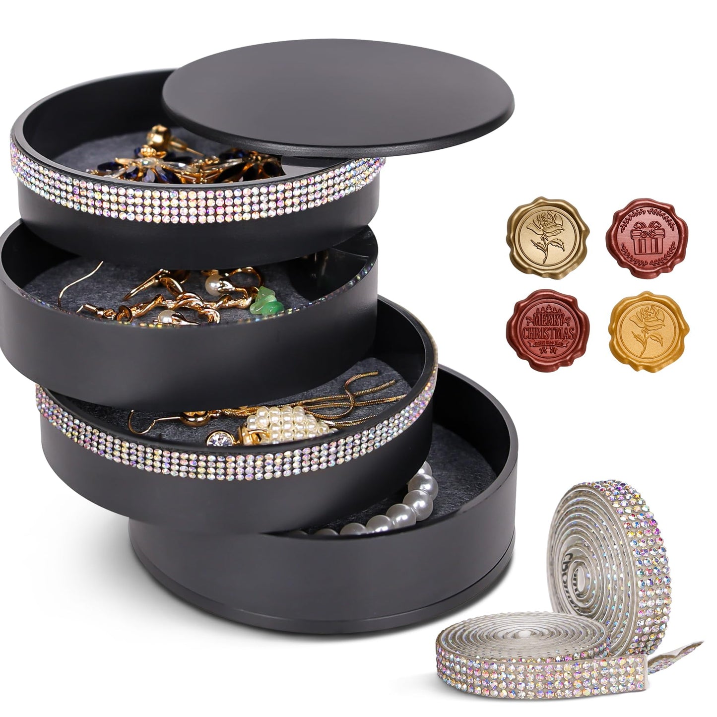 CONBOLA Jewelry Holder Organizer, Christmas Gifts Ideas for Women, Small Jewelry Storage Box Earring Holder, 5-Layer Rotating Jewelry Storage Tray with Lid for Bracelets Rings Bracelets