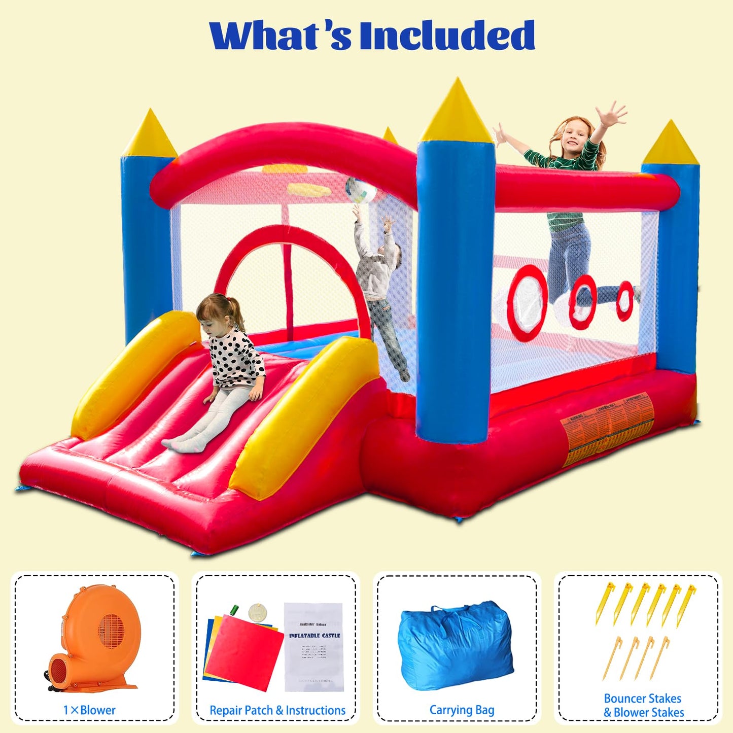 Hongcoral PVC Bounce House, Heavy-Duty Jumping Castle with Large Slide, 450LBS Capacity, Inflatable Bouncer with Blower - for Kids' Indoor & Outdoor Fun