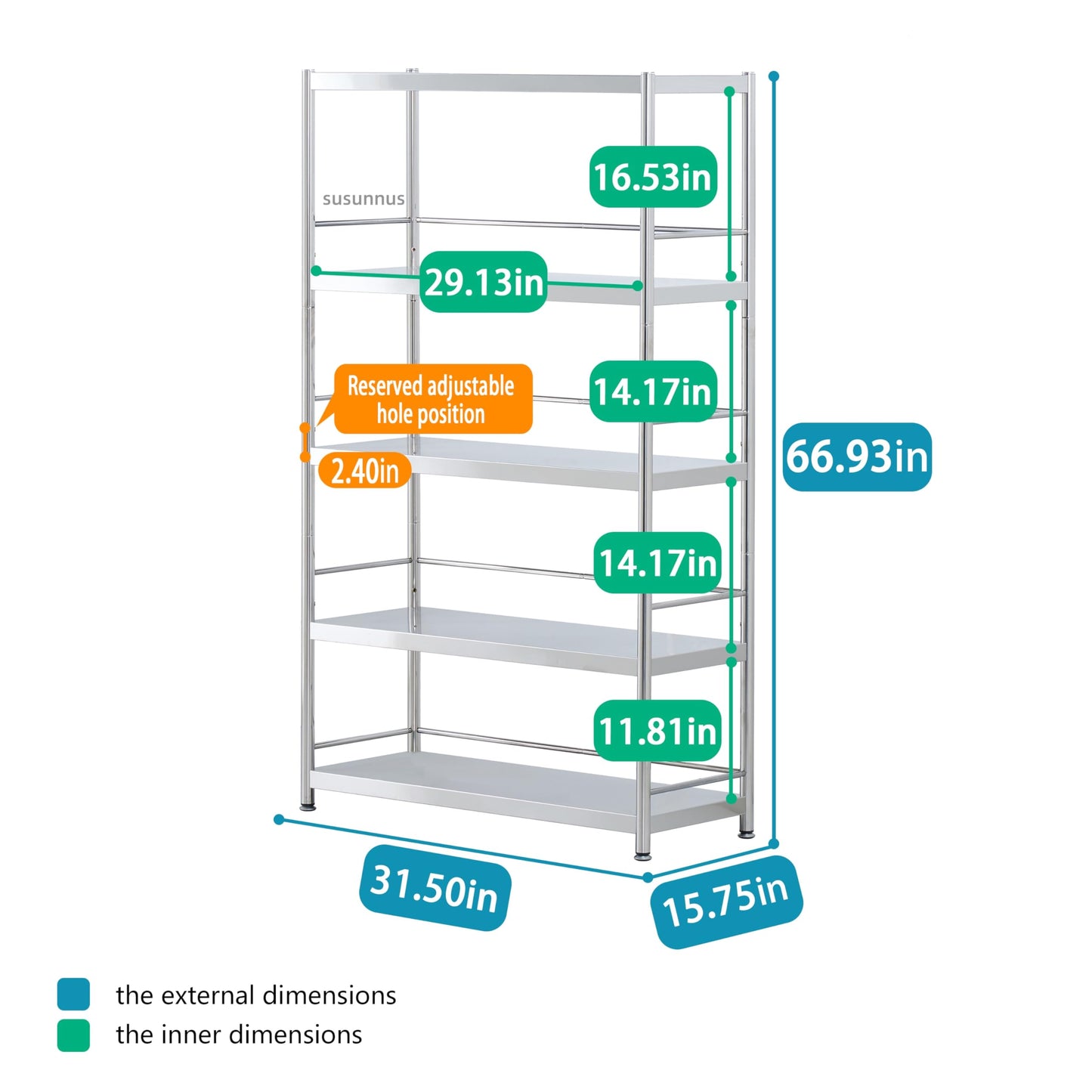 susunnus 5-Tier Stainless Steel Shelf, Heavy Duty Shelving for Kitchen, Garage, Industrial Storage, Kitchen Shelves with Guardrails, Adjustable Feet, Easy to Clean