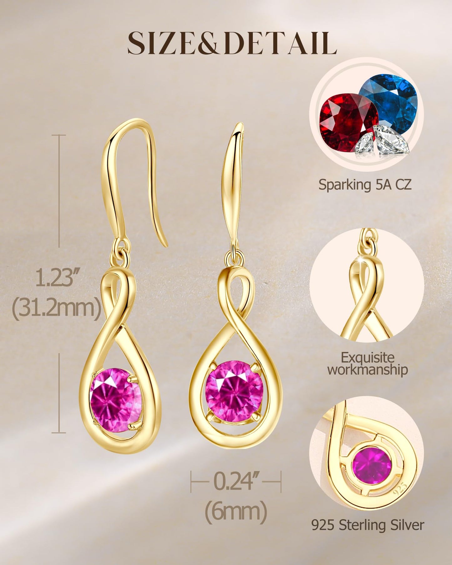 FANCIME Pink Tourmaline Dangle Drop Earrings 925 Sterling Silver Yellow Gold Plated Dainty Infinity Gemstone October Birthstone Earring Fine Jewelry Birthday Mothers Day Gifts for Wife Her Women
