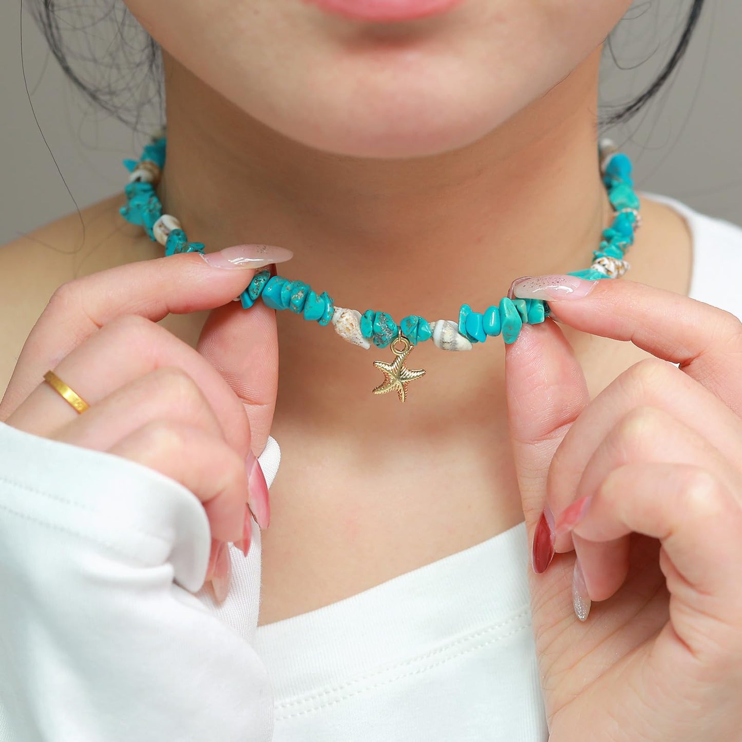 Starfish Turquoise Necklace for Women, 14K Gold Plated Dainty Starfish Turquoise Beaded Necklaces Handmade Beach Summer Boho Shell Ocean Choker Beachy Vacation Necklaces for Women Blue 16 Inches