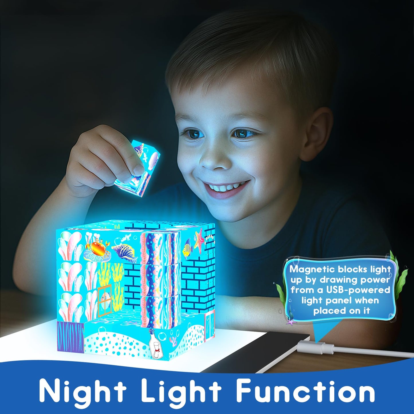 Chodia Magnetic Building Blocks-135 PCS Growing Ocean Magnet Cubes Tiles with USB Light Panel,STEM Sensory Construction Toys Set Christmas Birthday Gifts for Kids Boys Girls Toddlers Ages 3+,4-8,6-8