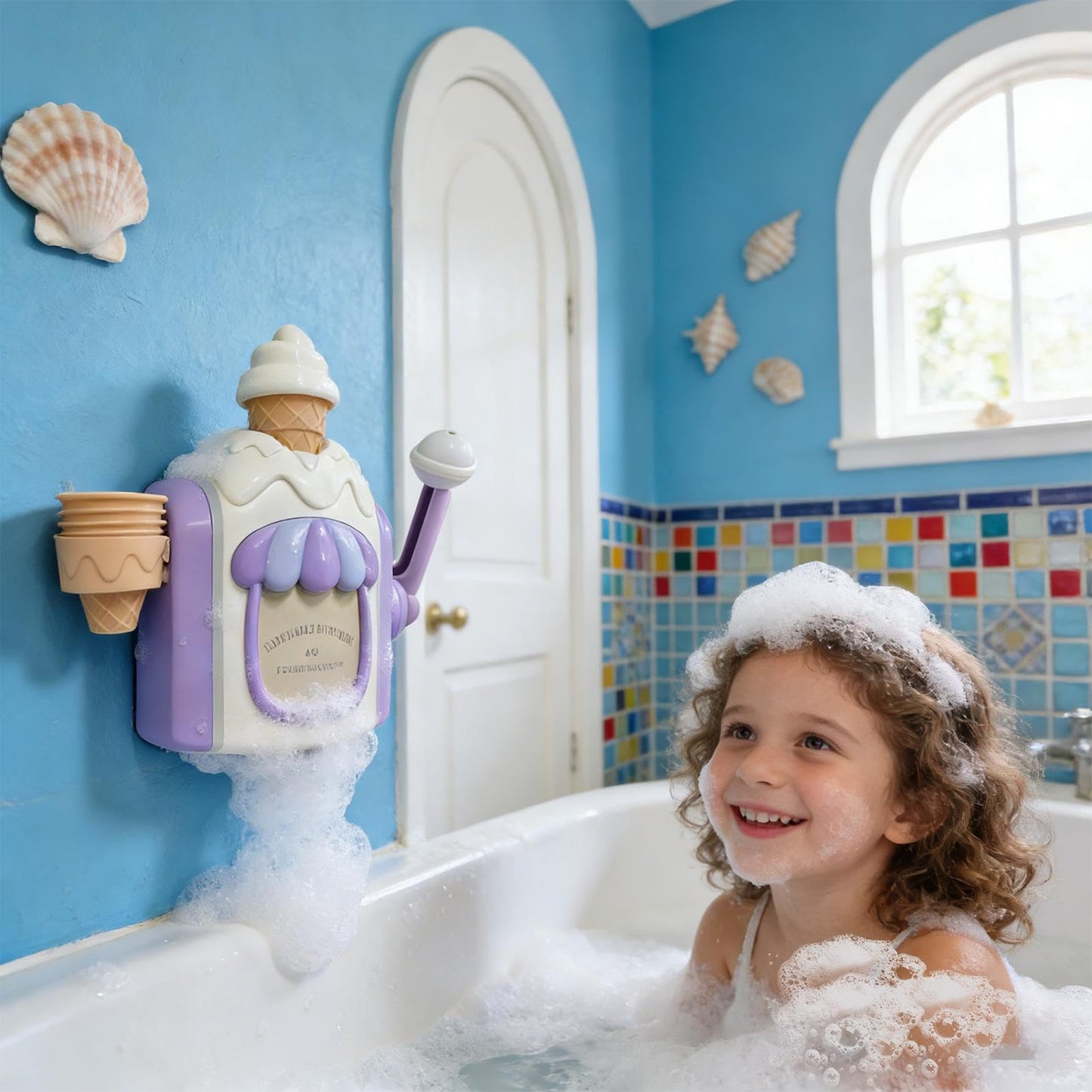 Bath Play Toy - Ice Cream Educational Water Toy, Bubble Maker Fun Accessory, Sturdy Safe Material, Easy Clean Design, Promotes Sensory Learning, Kids Shower Pool Use 9.06x3.15x8.07 Inches